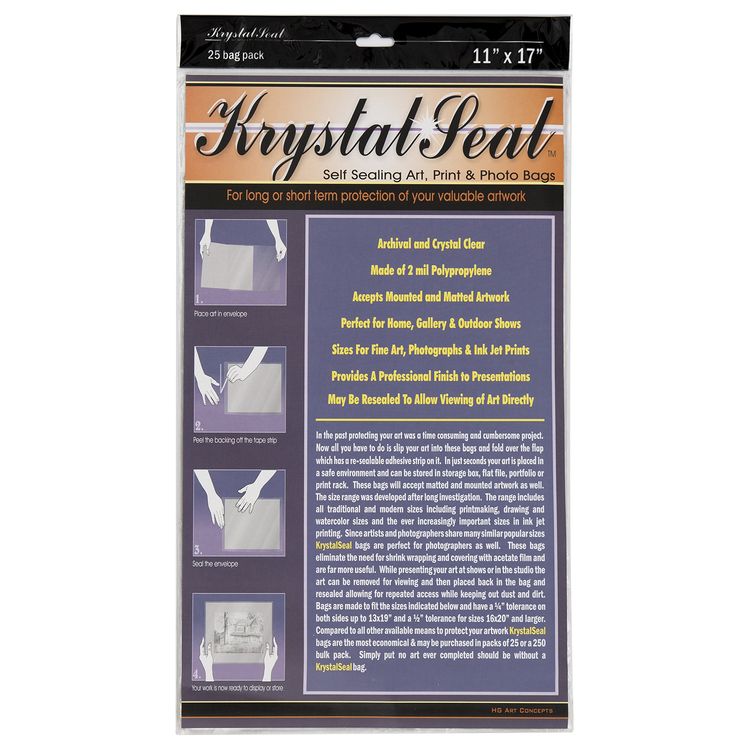 Creative Mark Krystal Seal ATC Archival Polyethylene Bags - 11 x 17 Inch Acid-Free Storage Bags for Paintings, Artwork & Photos - Pack of 25 - Perfect for Artists, Collectors & Photo Preservation