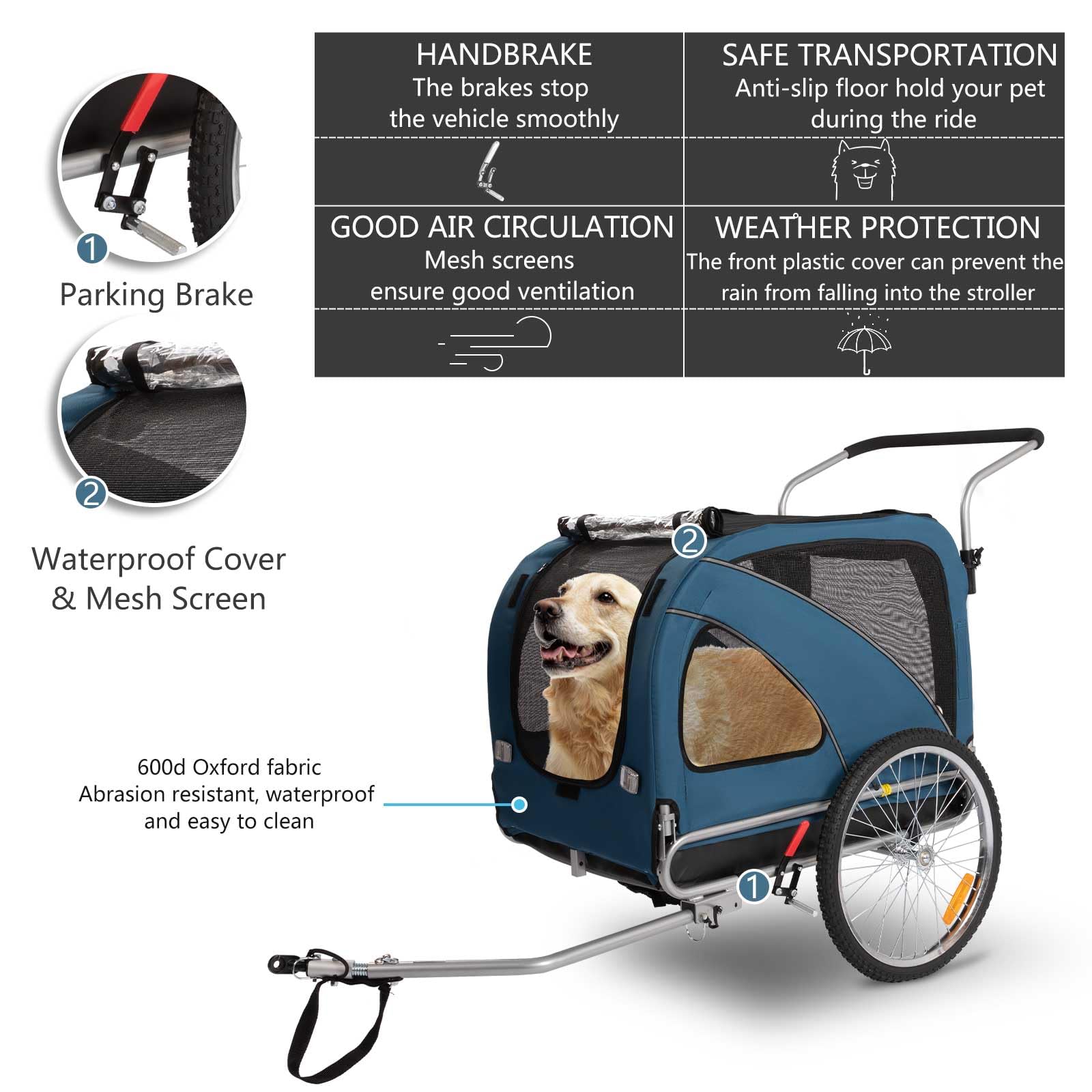 Sepnine 2-in-1 Large Dog Bike Trailer & Pet Stroller - Foldable Frame with Hand Lock Brakes & Universal Bicycle Coupler (Blue) - Perfect for Cycling, Jogging & Outdoor Adventures with Your Dog