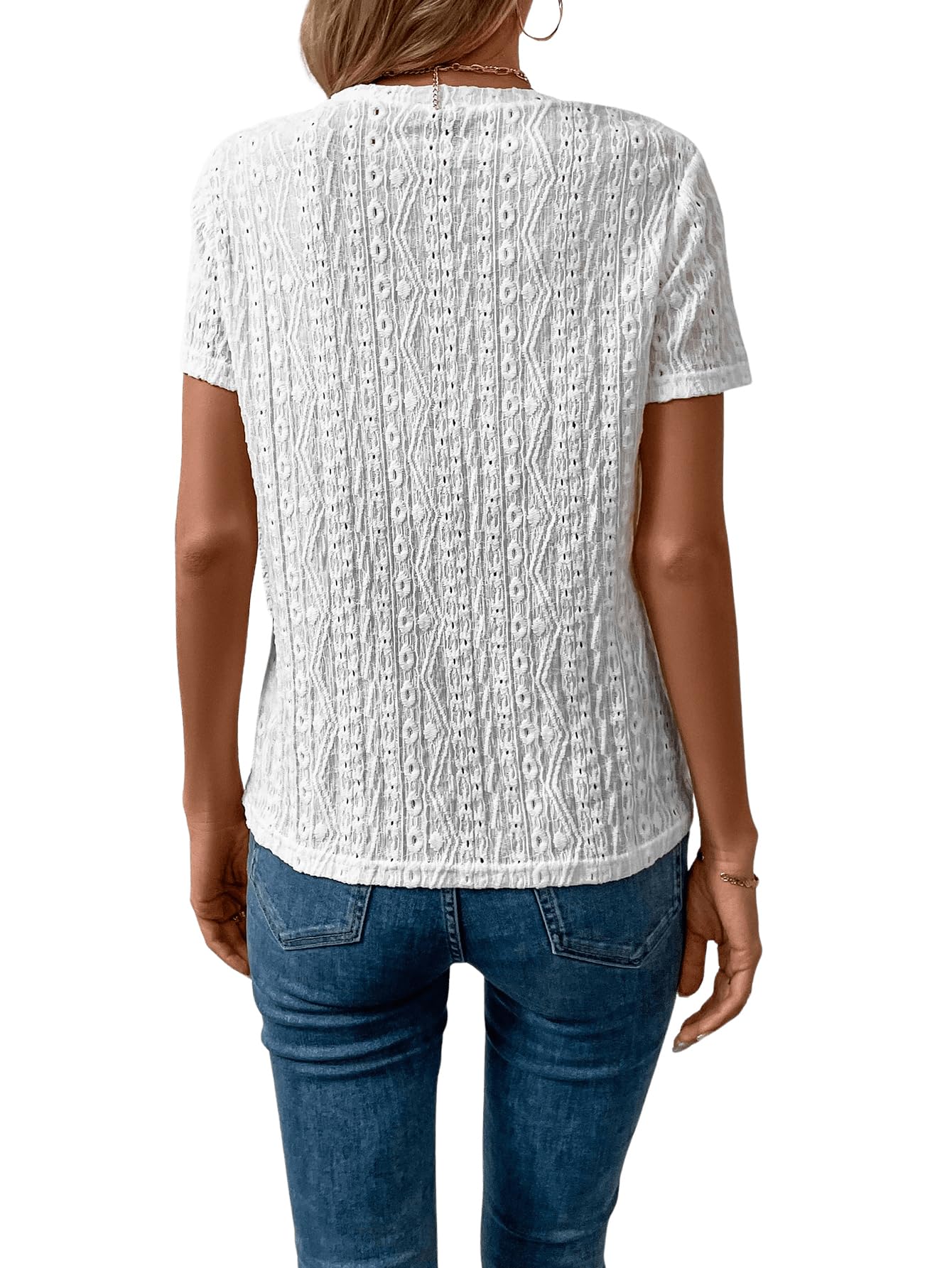SweatyRocks Women's Vintage Eyelet Embroidery Short Sleeve T-Shirt - Breathable Cotton Crewneck Casual Top for Summer, Beach & Holiday Outfits