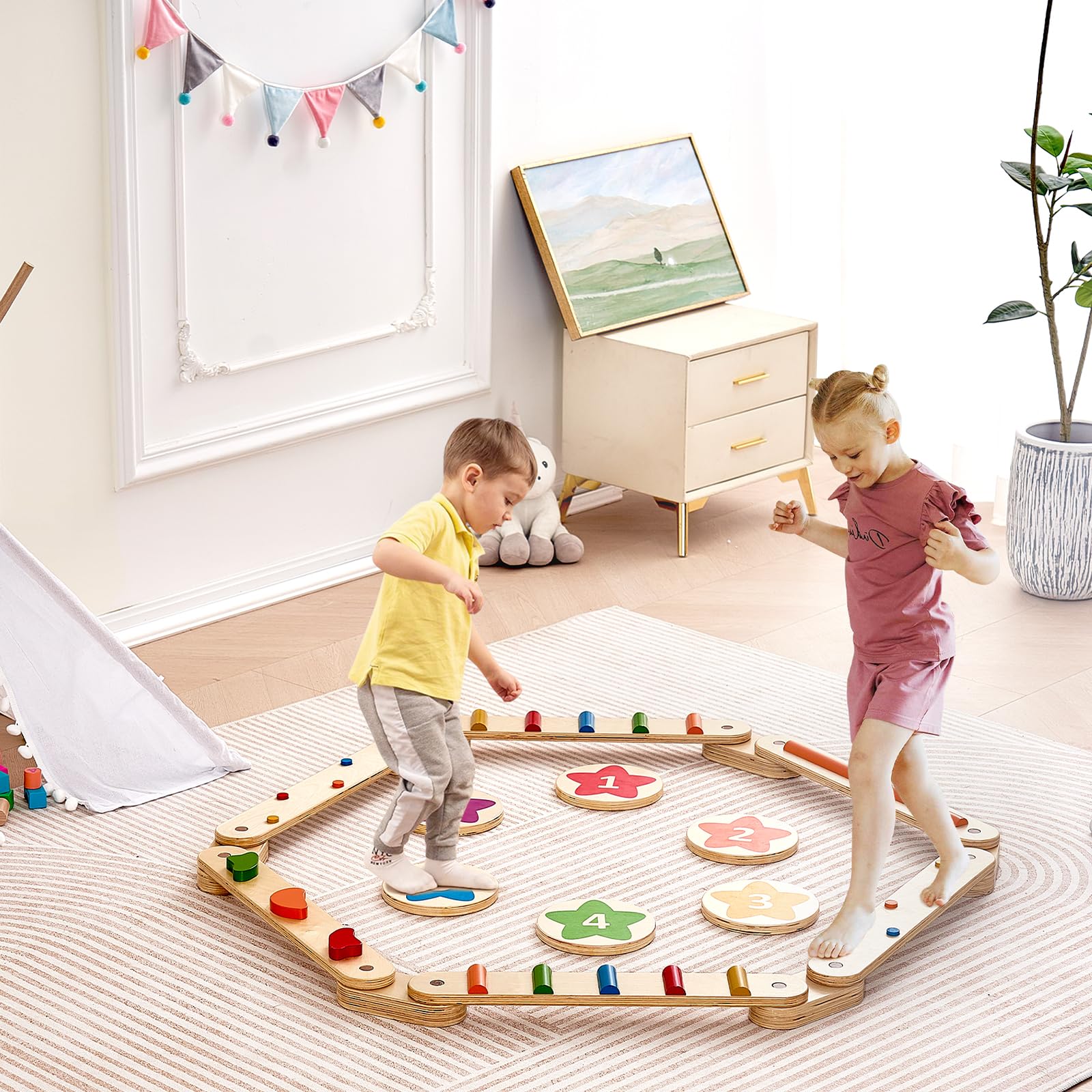 VEVOR Wooden Balance Beam Stepping Stones - 6 PCS Montessori Toys for Toddlers Age 2-6 | Improve Coordination & Gross Motor Skills | Indoor/Outdoor Gymnastics Obstacle Course for Boys & Girls | Perfect for Playrooms, Backyards & Preschool Activities