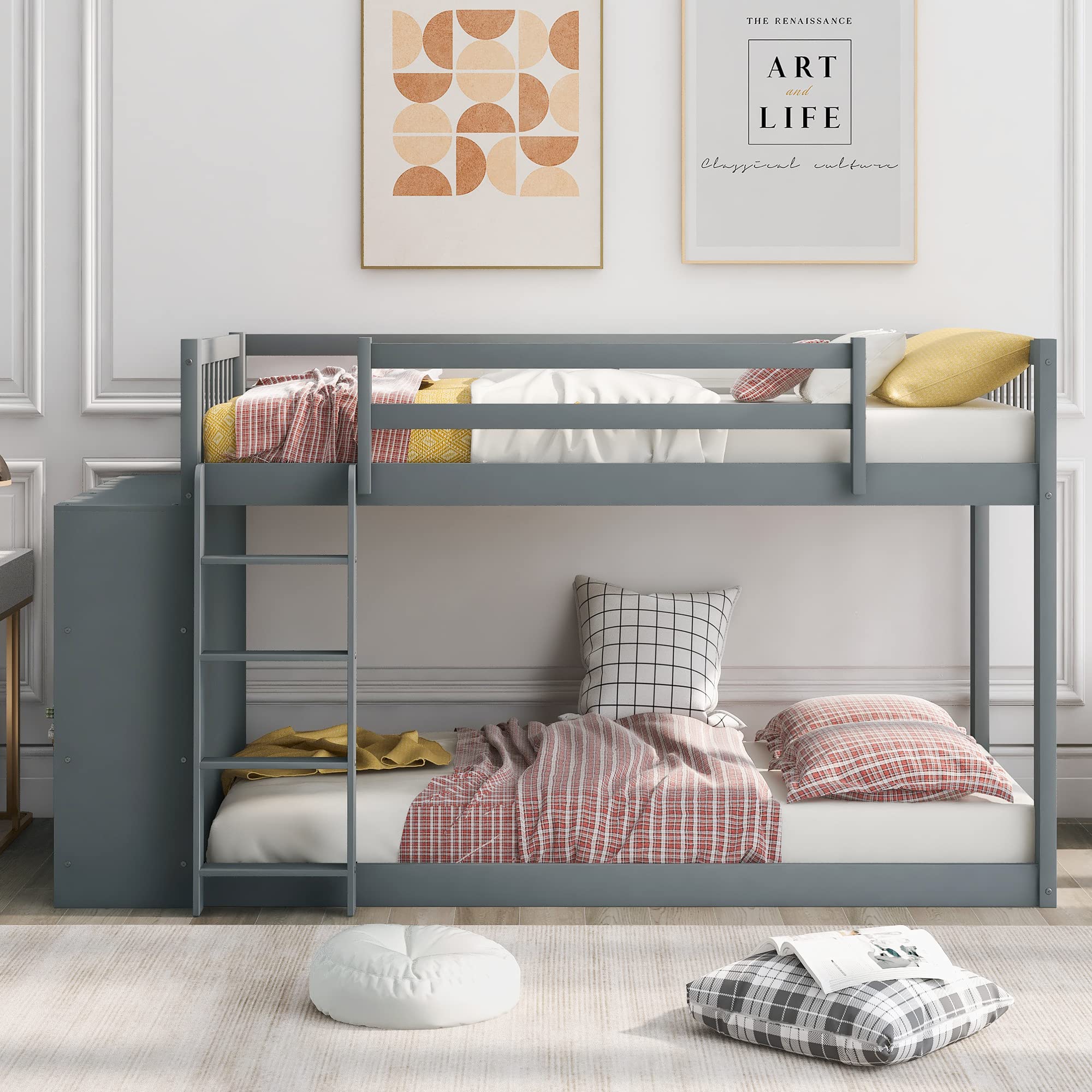 Twin Over Twin Solid Wood Bunk Bed with Cabinet & Shelves - Low Loft Bed Frame with Ladder & Guardrails for Kids, Teens & Adults - Multi-Functional Storage Space (Gray) - Perfect for Small Bedrooms, Dorms & Guest Rooms