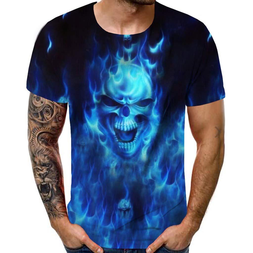 Giulot Classic Cotton Men's Short Sleeve Crewneck T-Shirt - 3D Skull Print Comfortable Summer Casual Tee in Blue | Perfect for Lounge Wear, Street Style & Everyday Outfits