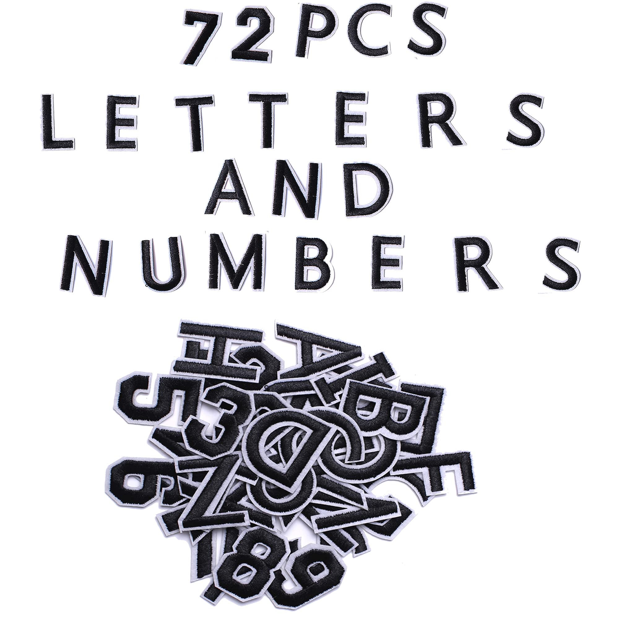 72 PCS Iron-On Embroidered Patches Letters A-Z & Numbers 0-9 - DIY Clothing Appliques for Hats, Jeans, Jackets - Perfect for Customizing Outfits, Bags & Accessories (Black)