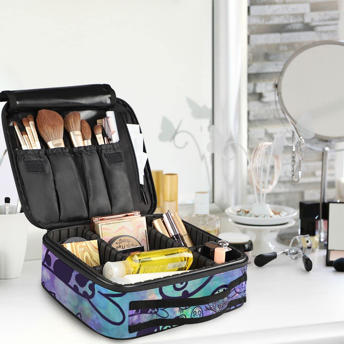 Mermaid & Cats Jellyfish Fish Makeup Bag Organizer - Travel Cosmetic Train Case with Dividers for Women & Girls - Perfect for Travel, Gym, and Daily Makeup Storage