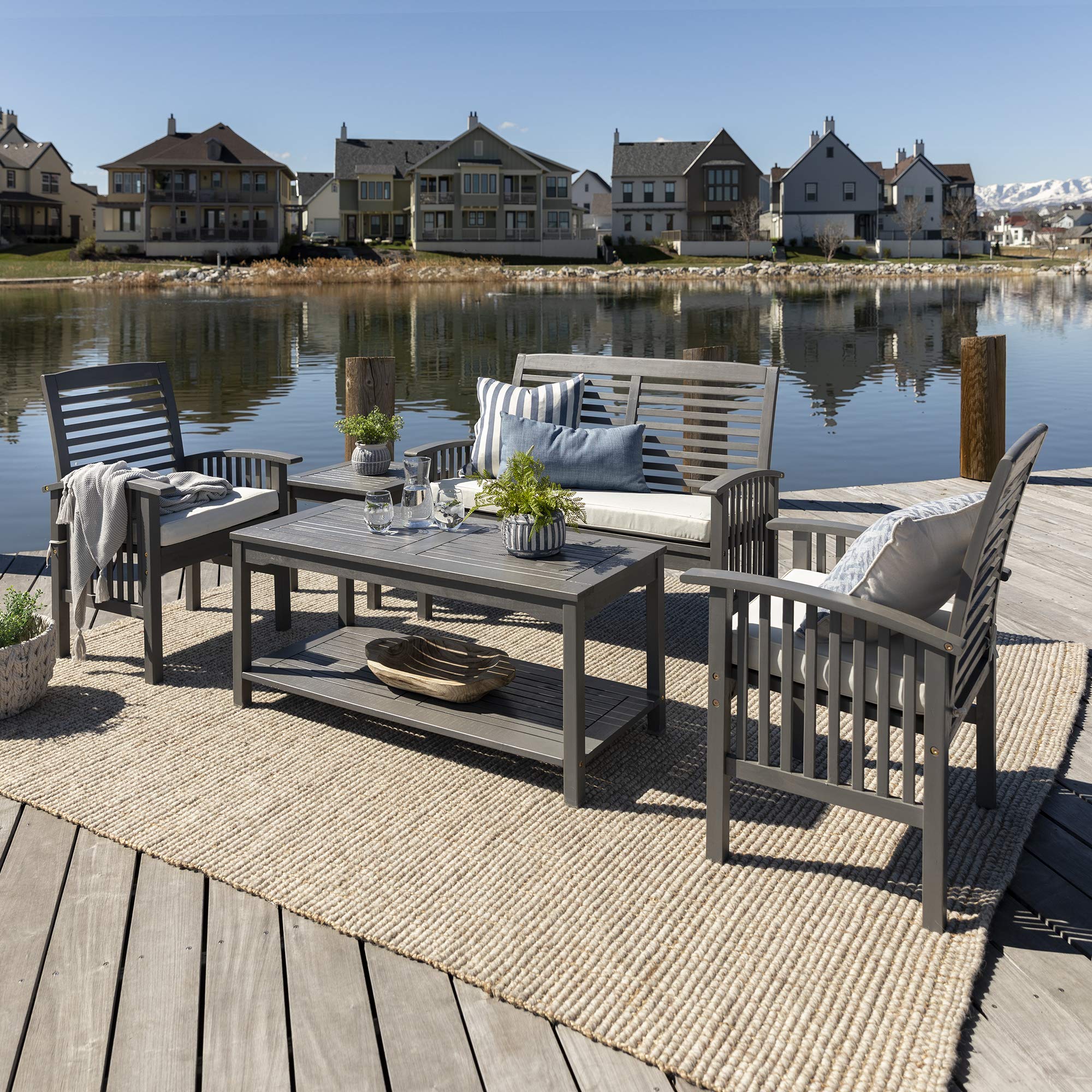 Walker Edison Portofino 5-Piece Grey Patio Furniture Set with UV-Resistant Cushions - Outdoor Wicker Sofa & Coffee Table Set - Weather-Resistant Garden Conversation Set for Backyard, Poolside, Deck, Patio or Balcony - Perfect for Entertaining, Sunbathing, Relaxing, BBQs, Family Gatherings & Summer Evenings - Durable Outdoor Living Space Furniture for Lounging, Dining & Socializing