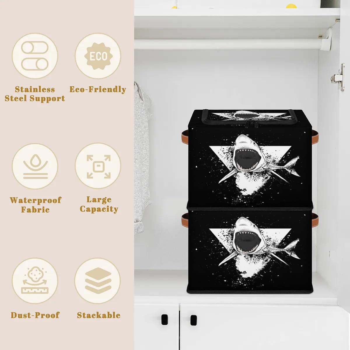 Shark Triangle Storage Bins with Zipper Lid - Foldable Fabric Storage Baskets for Clothes, Blankets, Toys - Collapsible Closet Organizer with Handles (2 Pack) - Perfect for Kids Room, Nursery, and Home Organization