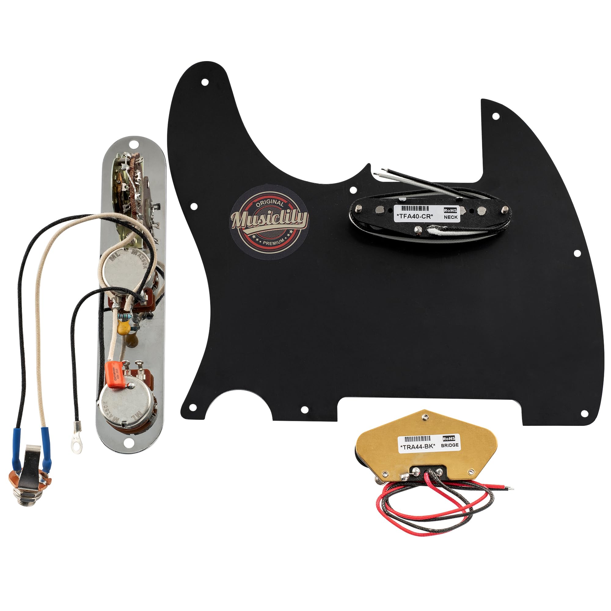 Musiclily Pro Pre-wired Tele Pickguard & Loaded Control Plate with Artec Alnico 5 Pickups for TL Style Electric Guitar - 3-Ply Black | Perfect for Blues, Rock & Country Performances