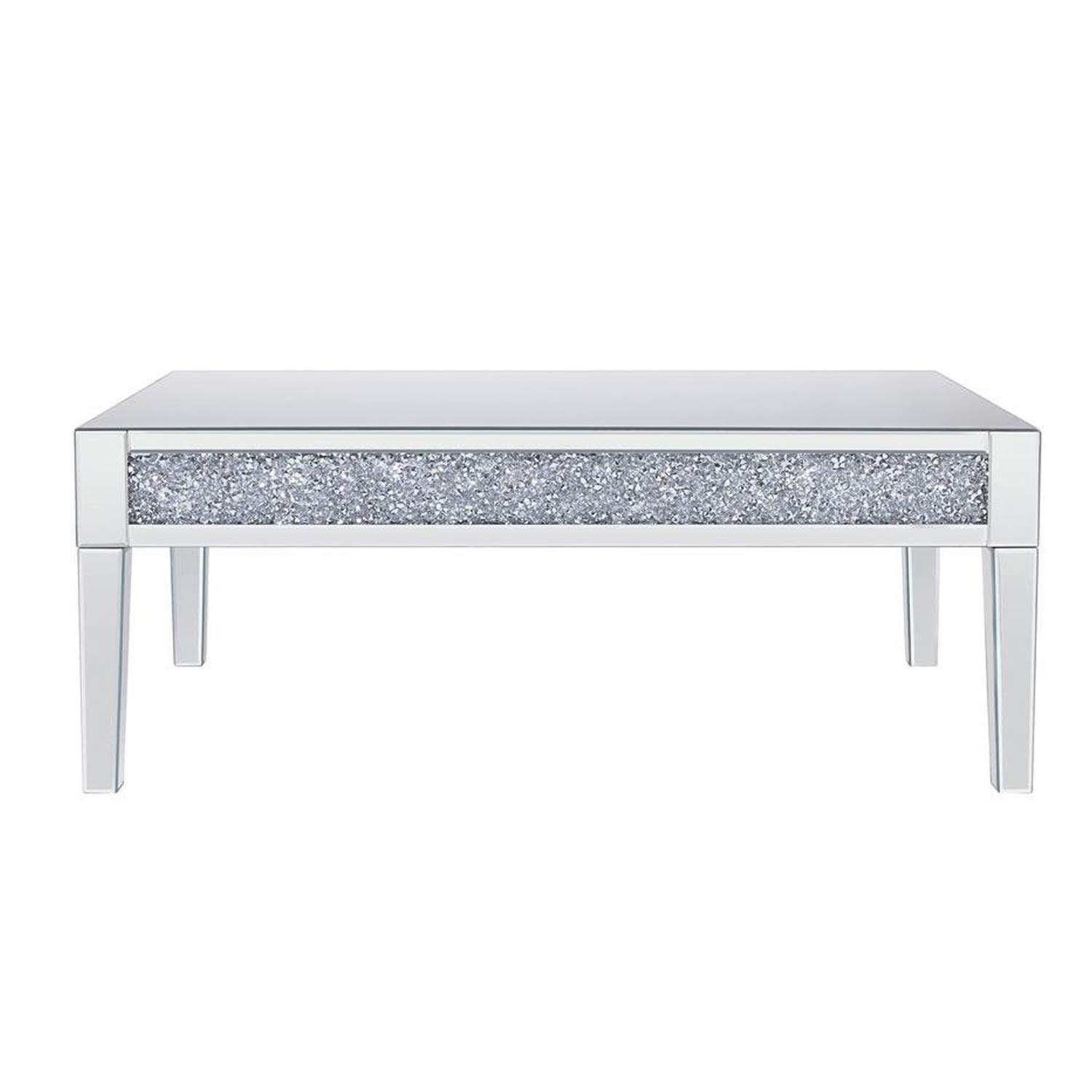 Silver Benjara Clear Wood & Mirror Coffee Table with Crystals - Living Room Decor