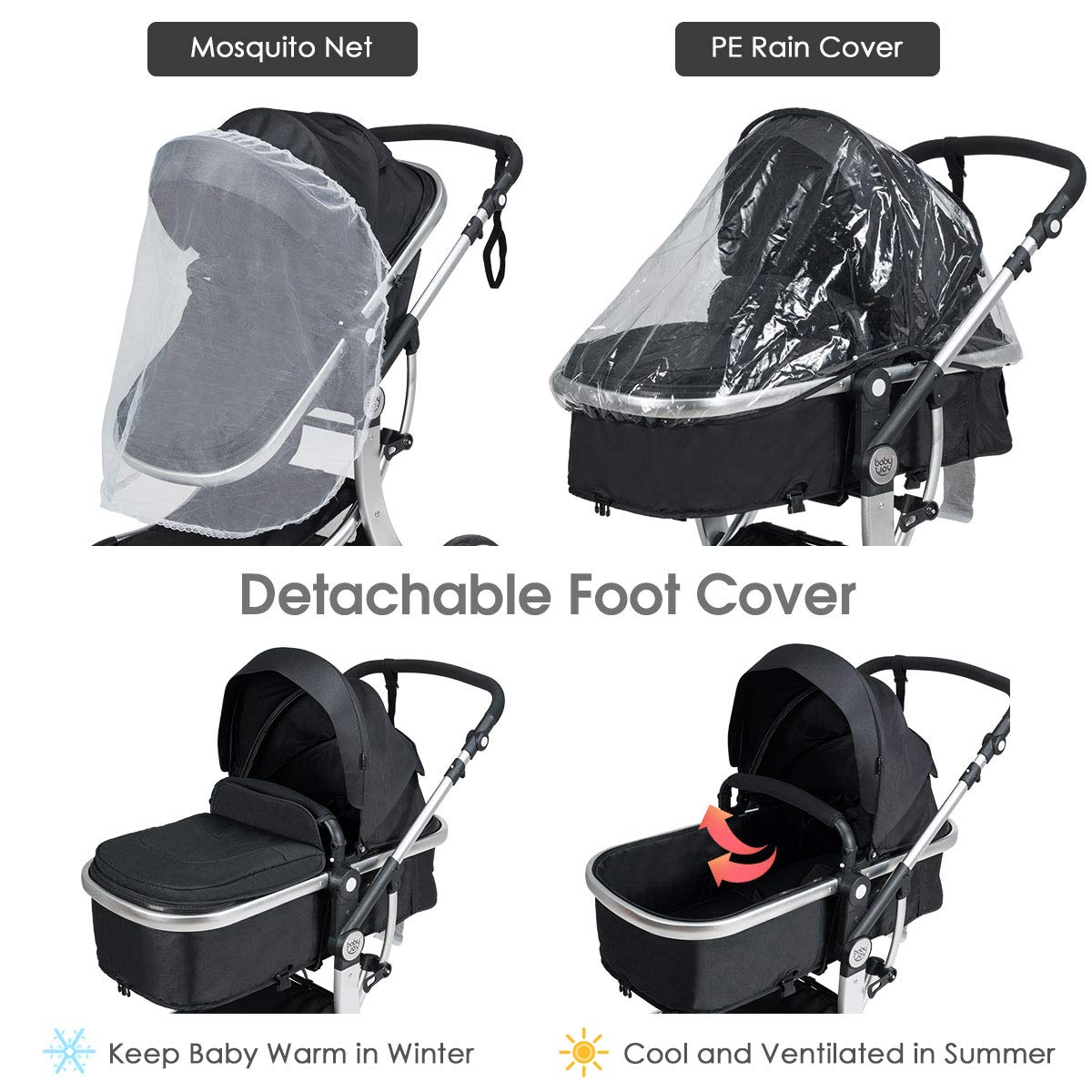 HONEY JOY Baby Stroller - Convertible Infant Bassinet Stroller with Adjustable Canopy & Backrest, Foldable Newborn Carriage with Storage Basket & Foot Cover (Black) | Perfect for Outdoor Walks, Shopping & Travel