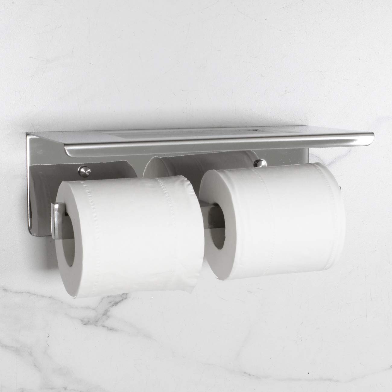 Stainless Steel Wall Mounted Toilet Paper Holder with Shelf - Double Roll Bathroom Tissue Dispenser for Modern Homes & Commercial Spaces