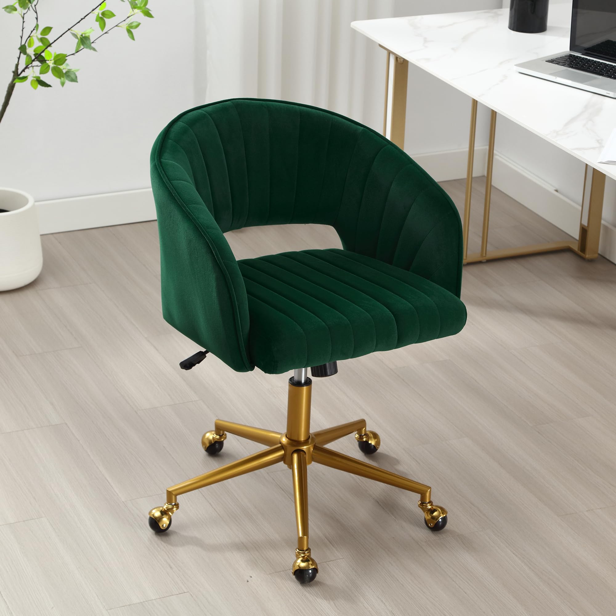 ABET Ergonomic Velvet Desk Chair with Wheels - Adjustable Swivel Office Chair with Gold Base for Home & Workspace - Modern Upholstered Armchair for Living Room, Bedroom & Vanity (Dark Green) - Perfect for Remote Work, Gaming & Study Sessions