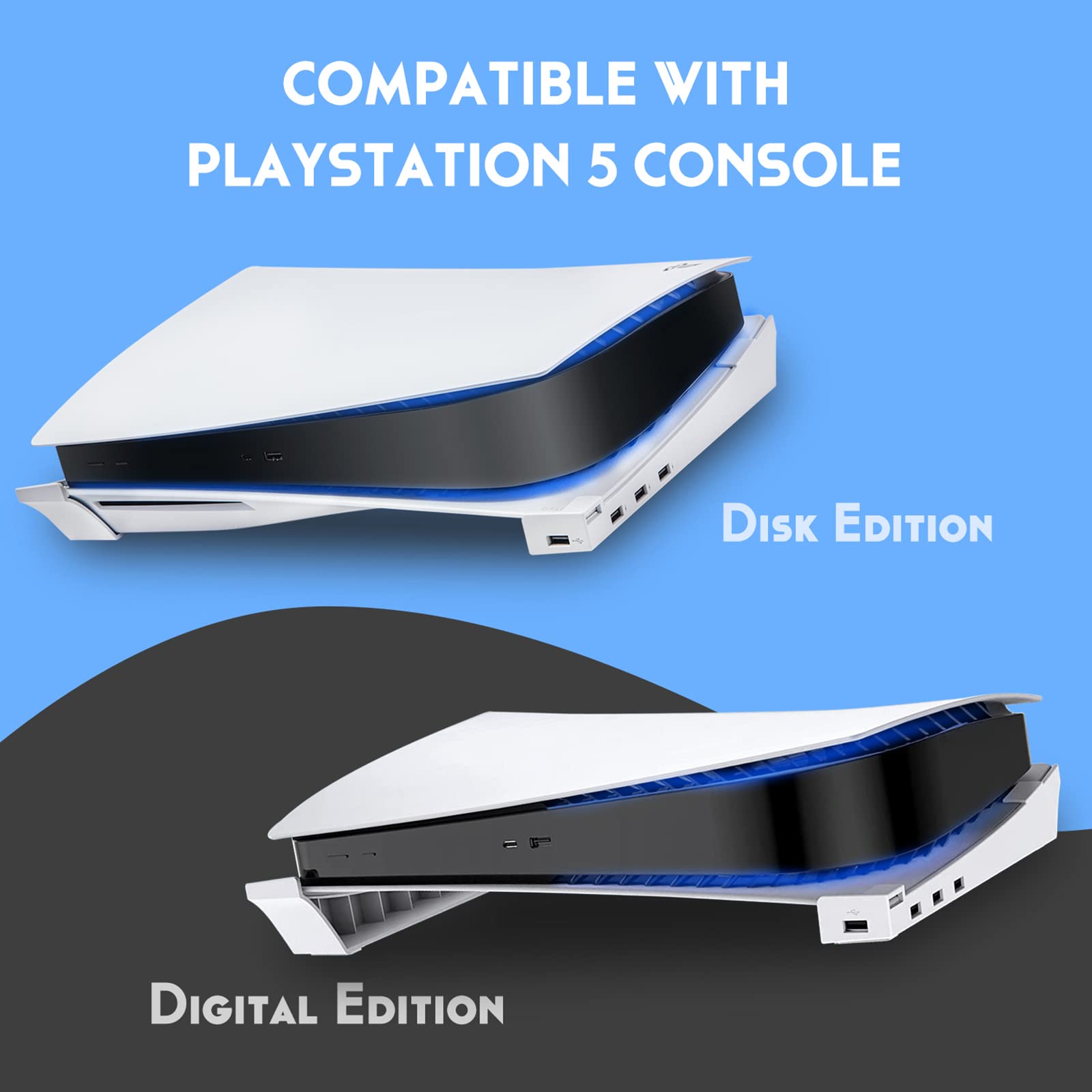 ECHZOVE PS5 Horizontal Stand with 4 USB Ports, Fast Charging & Data Transfer - Compatible with PlayStation 5 Disc & Digital Editions (Not for PS5 Slim/Pro) - Perfect for Gaming Setup & Console Organization
