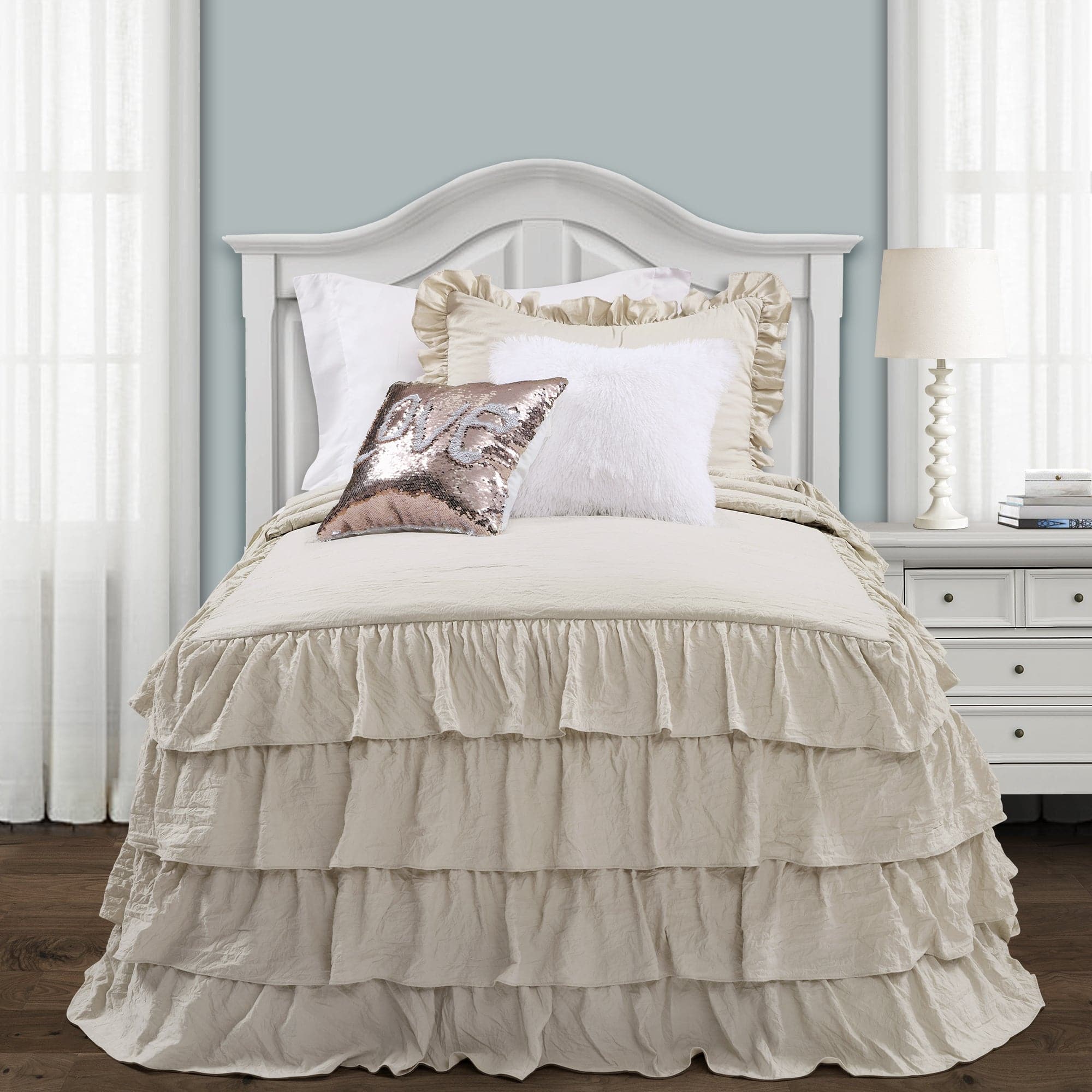 Allison Ruffle Skirt Bedspread Set - Elegant Floral Printed Queen Size Bedding with Ruffled Skirt | Perfect for Master Bedroom, Guest Room & Vacation Home Decor