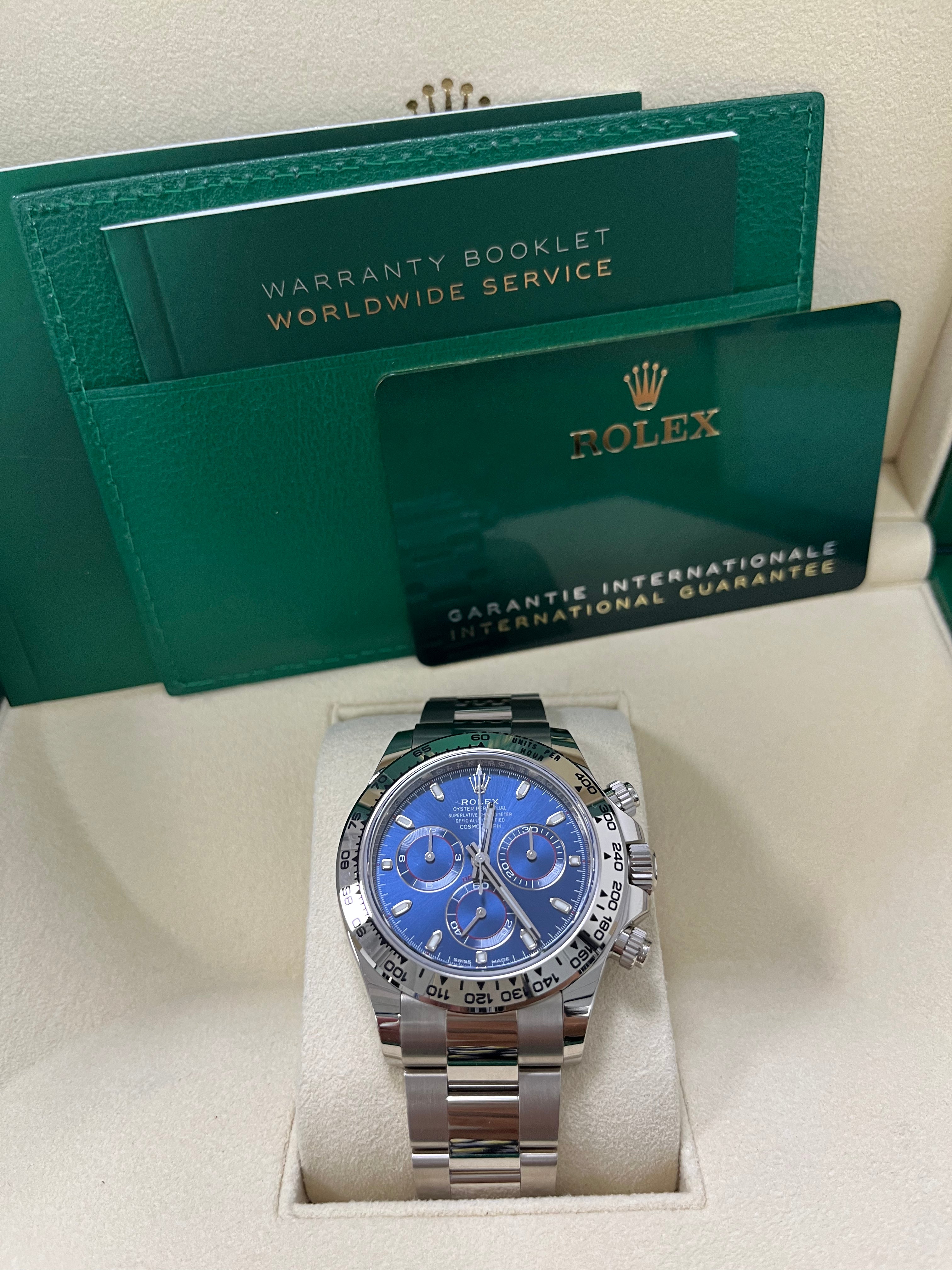 Rolex Daytona 40mm White Gold Cosmograph Watch with Blue Index Dial (Ref# 116509) - Luxury Men's Chronograph for Business, Racing & Special Occasions