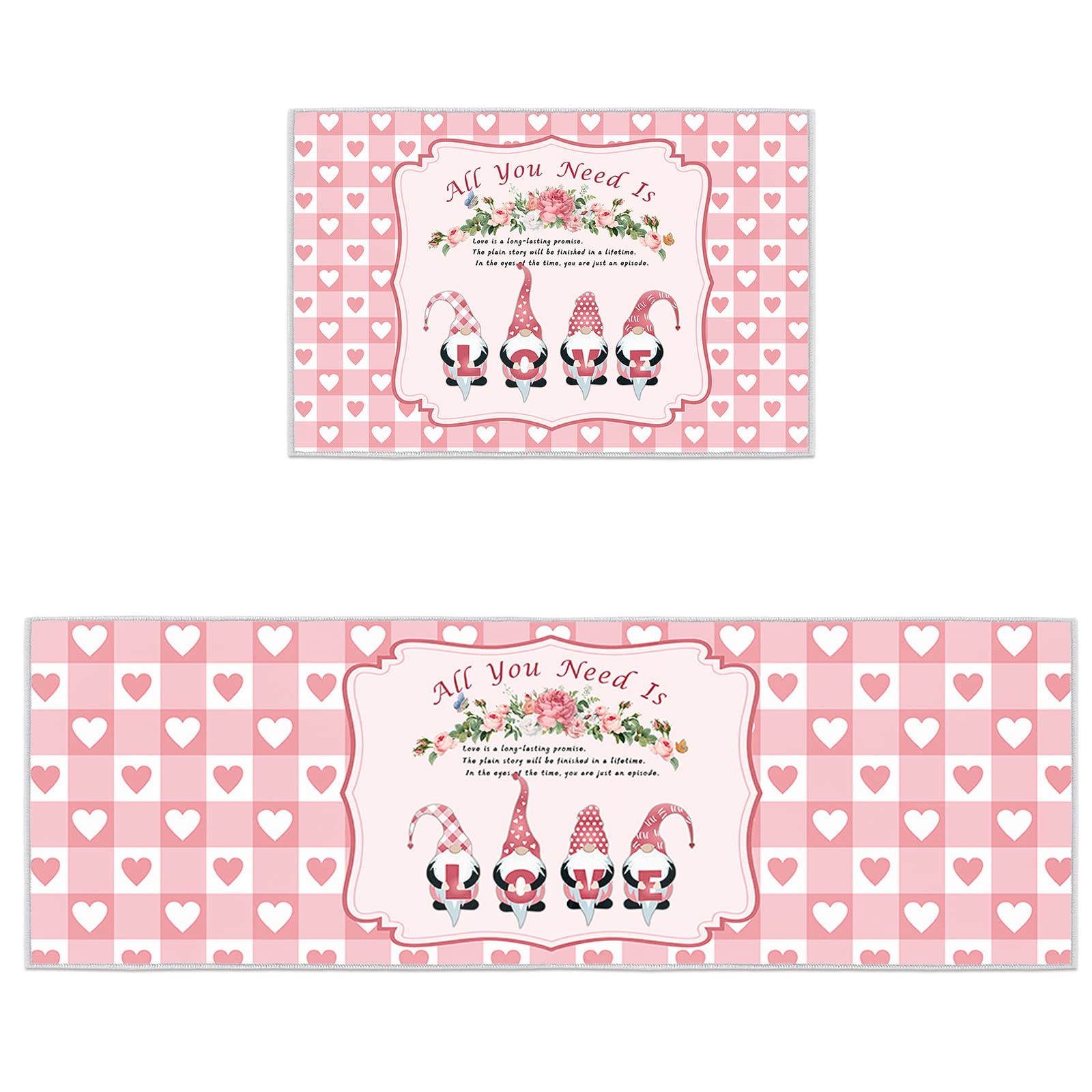 LEOSUCRE 2-Piece Washable Non-Slip Kitchen Rug Set - Pink Valentine's Day Gnome Design with Buffalo Plaid, Soft Indoor Doormats for Sink Entrance, Perfect for Kitchen, Laundry Room & Entryway Decor