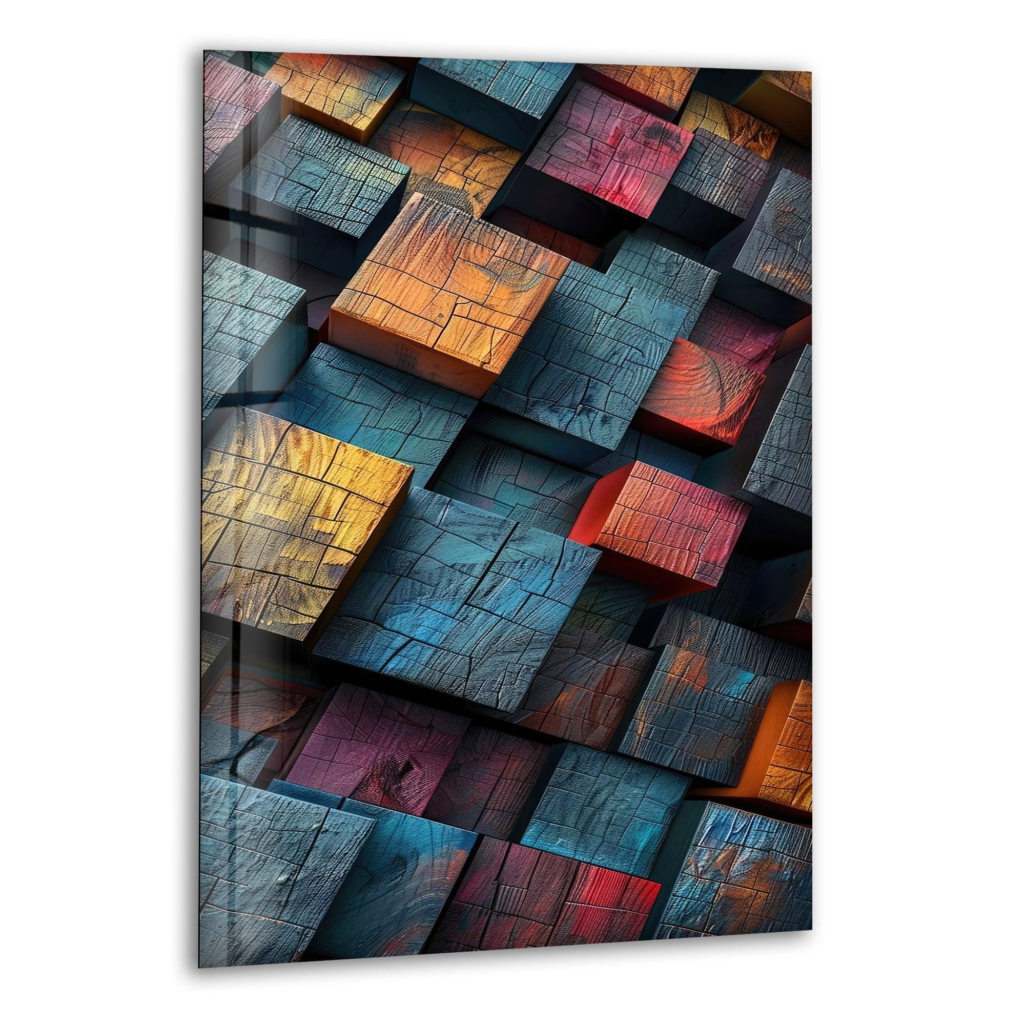 Vibrant Colored Wood Cubes Glass Wall Art - Modern Geometric Home Decor for Living Room, Bedroom & Office - Perfect for Accent Walls & Stylish Interior Design