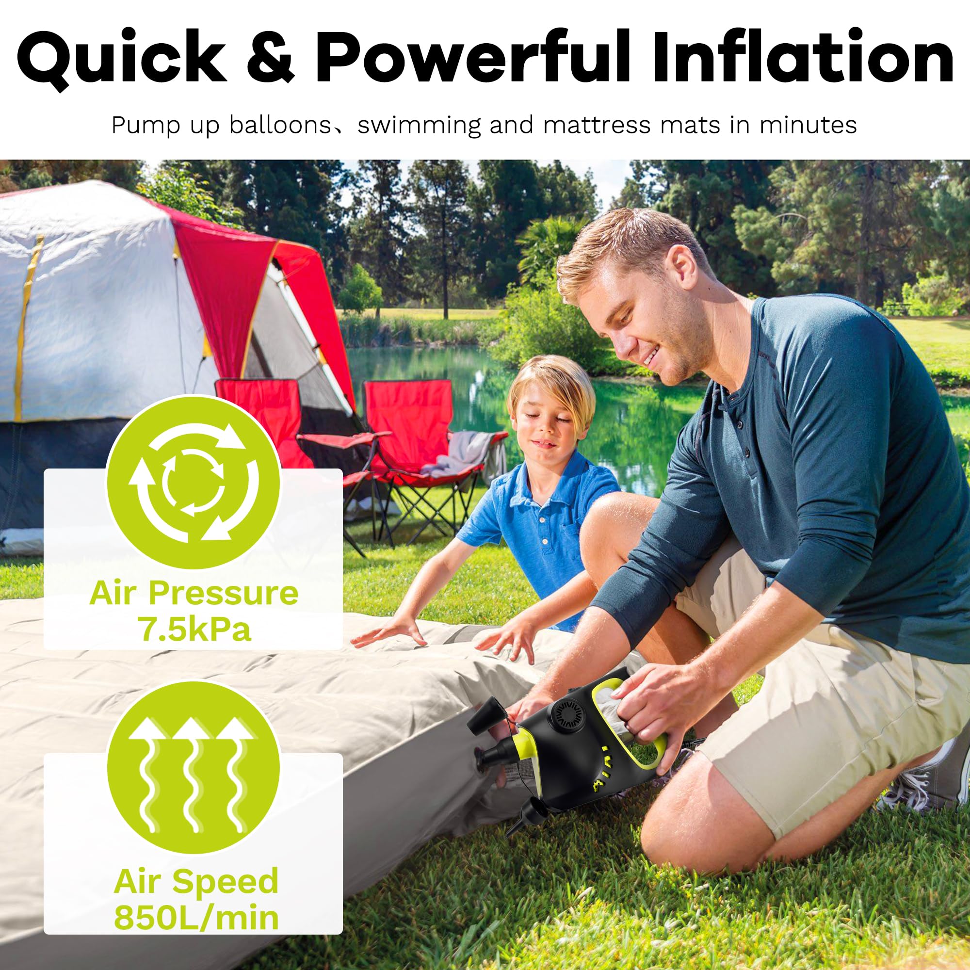 **Electric Air Pump for Inflatables - 7.5kPa Fast Inflation with 3 Nozzles, 850L/min High-Speed Pump for Air Mattress, Pool Floats, Toys & Swimming Rings - Perfect for Camping, Travel & Beach Parties**
