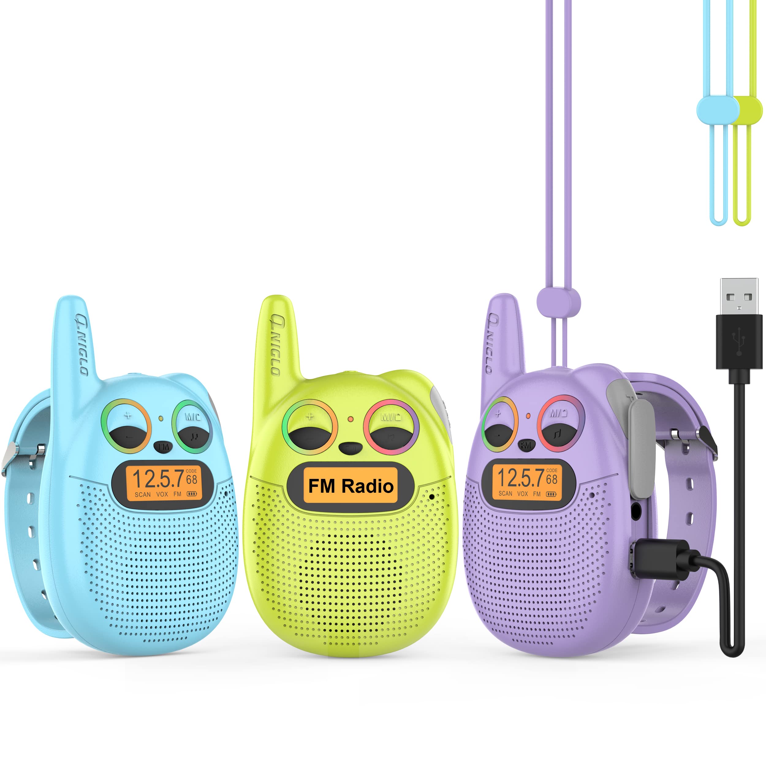 Qniglo Rechargeable Kids Walkie Talkies - 3 Pack with FM Radio | Best Christmas & Birthday Gift for Boys & Girls Ages 3-12 | Perfect for Outdoor Adventures, Camping, Hiking & Backyard Games