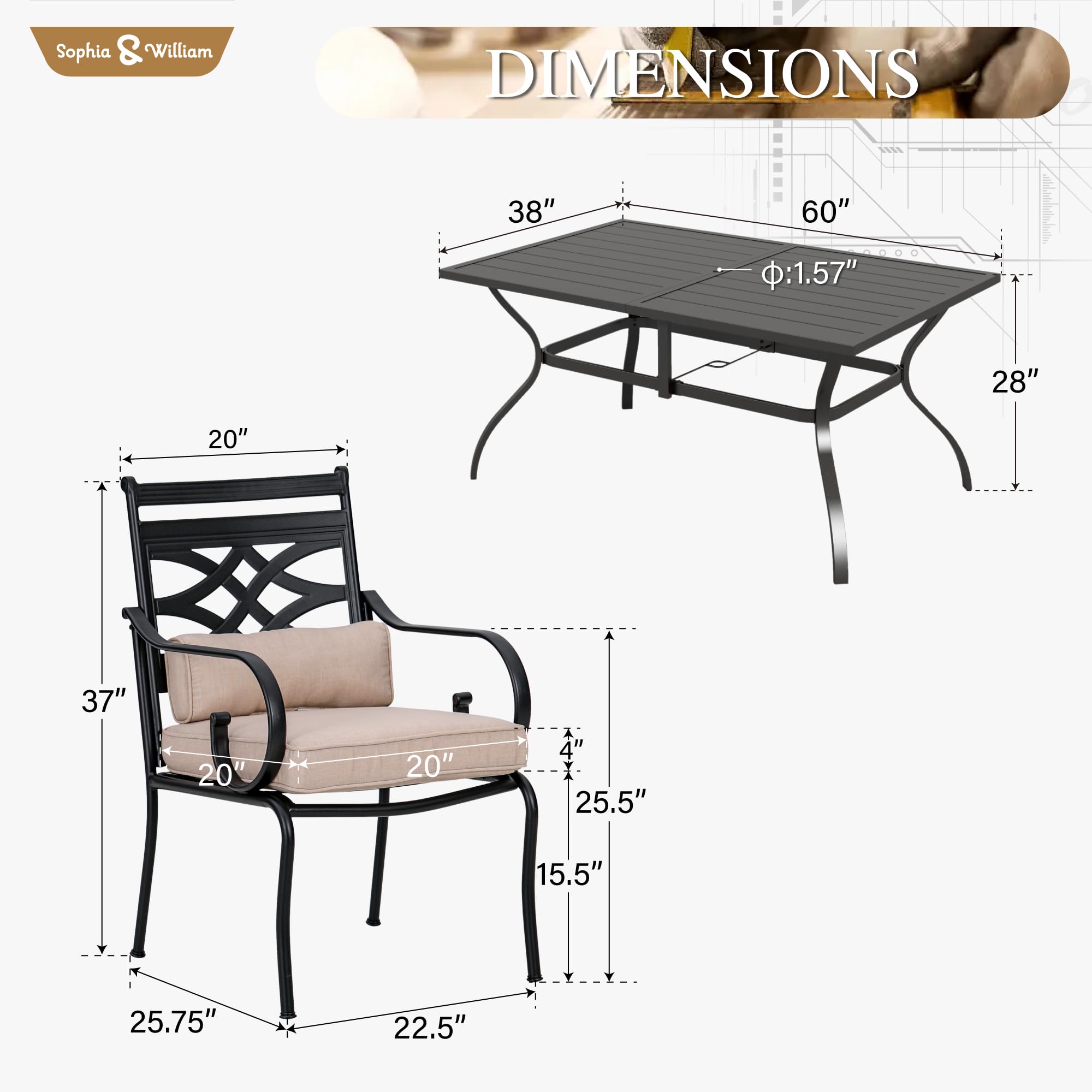 Sophia & William 6-Piece Outdoor Patio Dining Set with 60-Inch Black Table & Chairs | Removable Cushions | Perfect for Backyard BBQs, Garden Parties & Poolside Dining