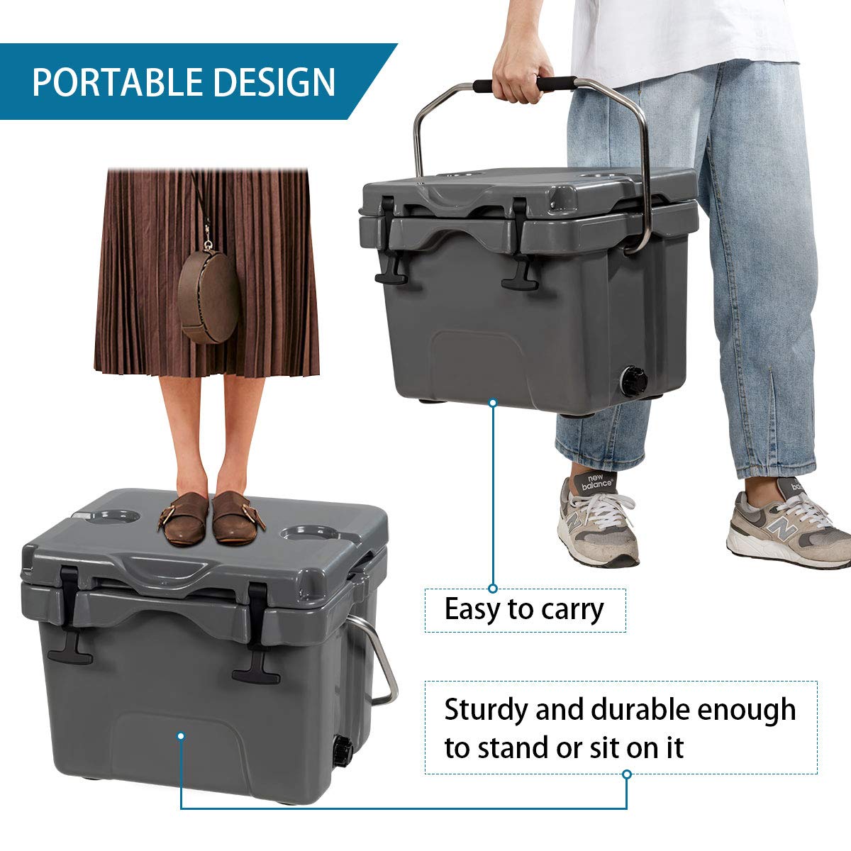 Goplus 16 Quart Cooler - 24-Can Capacity Insulated Ice Chest with 2 Cup Holders, 3-5 Days Ice Retention, Portable Cooler Box for Camping, Fishing, Picnics, Beach Trips & Outdoor Adventures