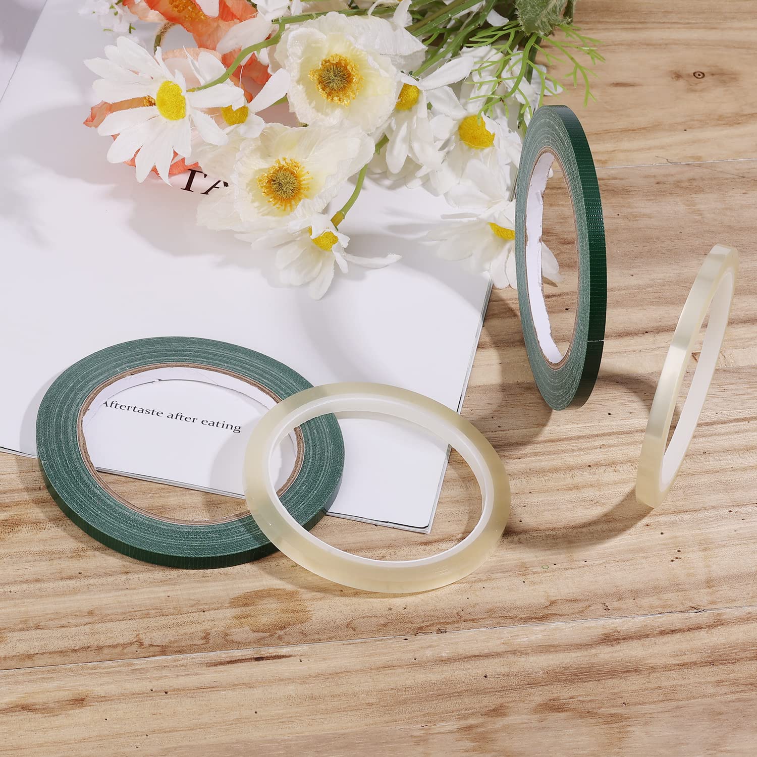 SAVITA 4 Rolls Floral Tape - 1/4 Inch x 21.9 YD & 1/4 Inch x 36.1 YD Waterproof Flower Arrangement Tape - Clear & Green Florist Tape for Bouquets, Wreaths, Artificial Flowers, Stem Wrapping & DIY Wedding Decorations