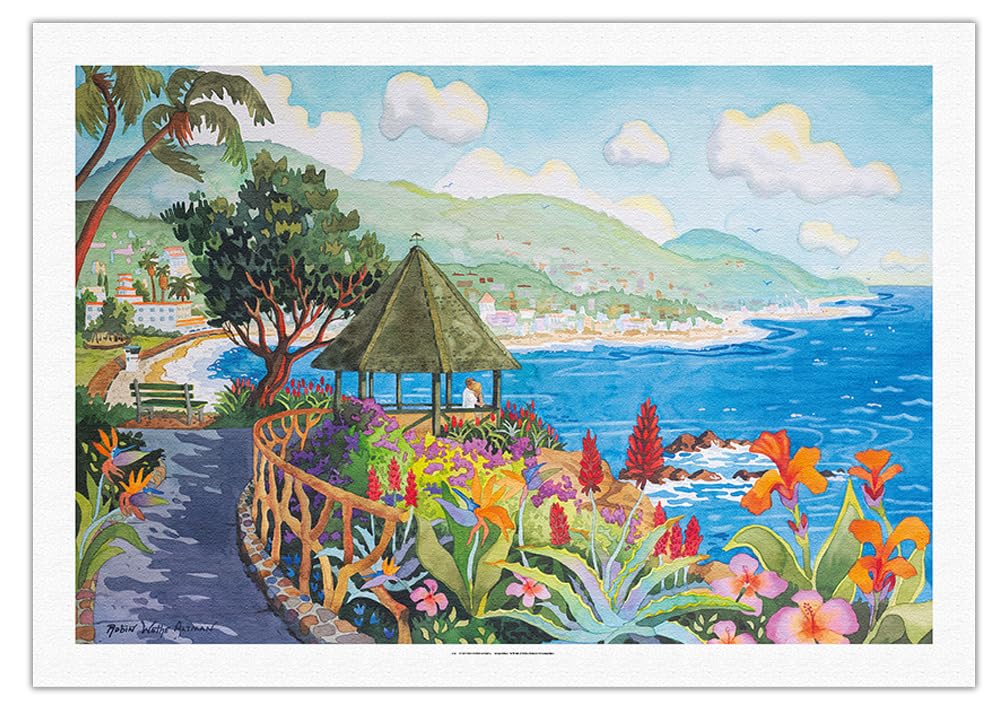 Laguna Beach Gazebo & Ocean View Fine Art Print - Heisler Park California Coastal Landscape - 27x40in Rolled Canvas Watercolor Painting by Robin Wethe Altman - Perfect for Beach House Decor & Coastal Living Room Wall Art