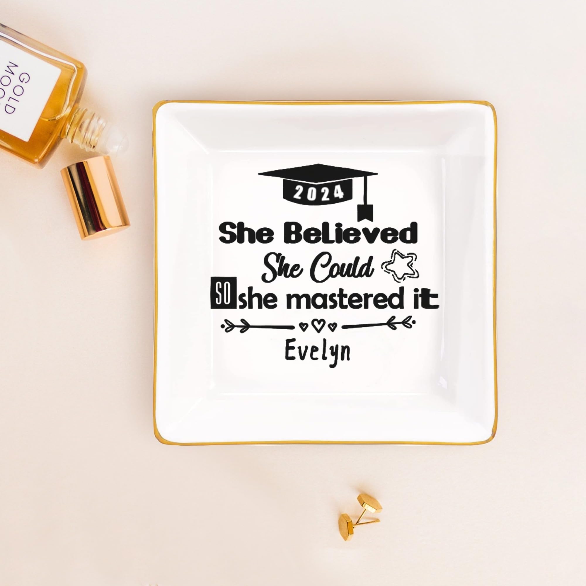 Personalized Graduation Gifts for Women - Class of 2024 Custom Ceramic Ring Dish with Inspirational Quote - High School & College Graduation Gift for Girls - Jewelry Tray & Decorative Trinket Plate - Perfect for Dorm Room, Bedside Table or Wedding Gift