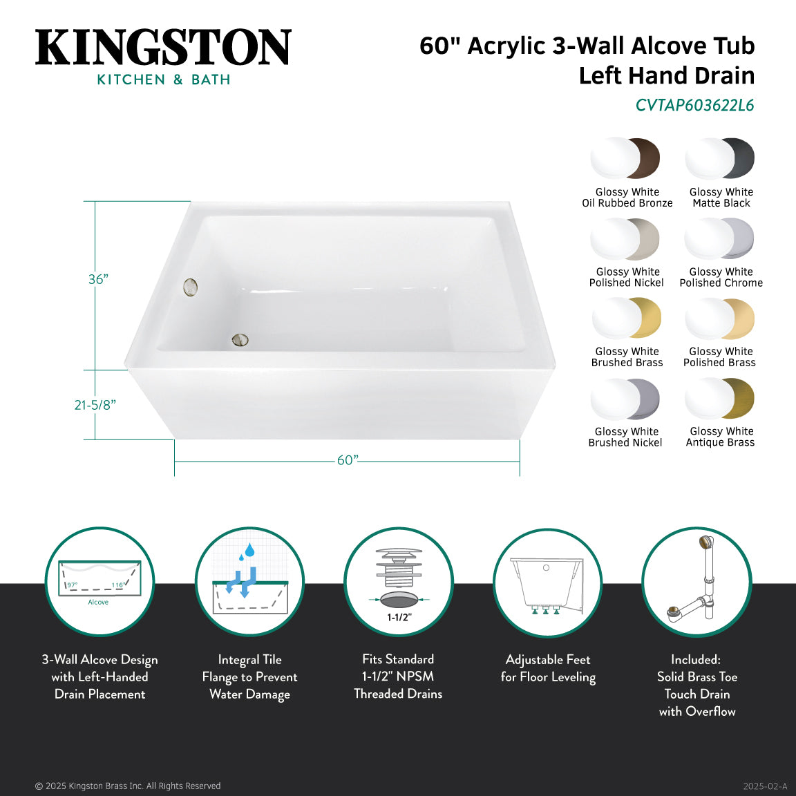 Aqua Eden 60 Inch Acrylic Rectangular 3-Wall Alcove Bathtub Combo with Waste & Overflow Drain - Glossy White/Antique Brass (Left Hand Drain) | Freestanding Soaking Tub for Small Bathrooms & Spa-Like Relaxation
