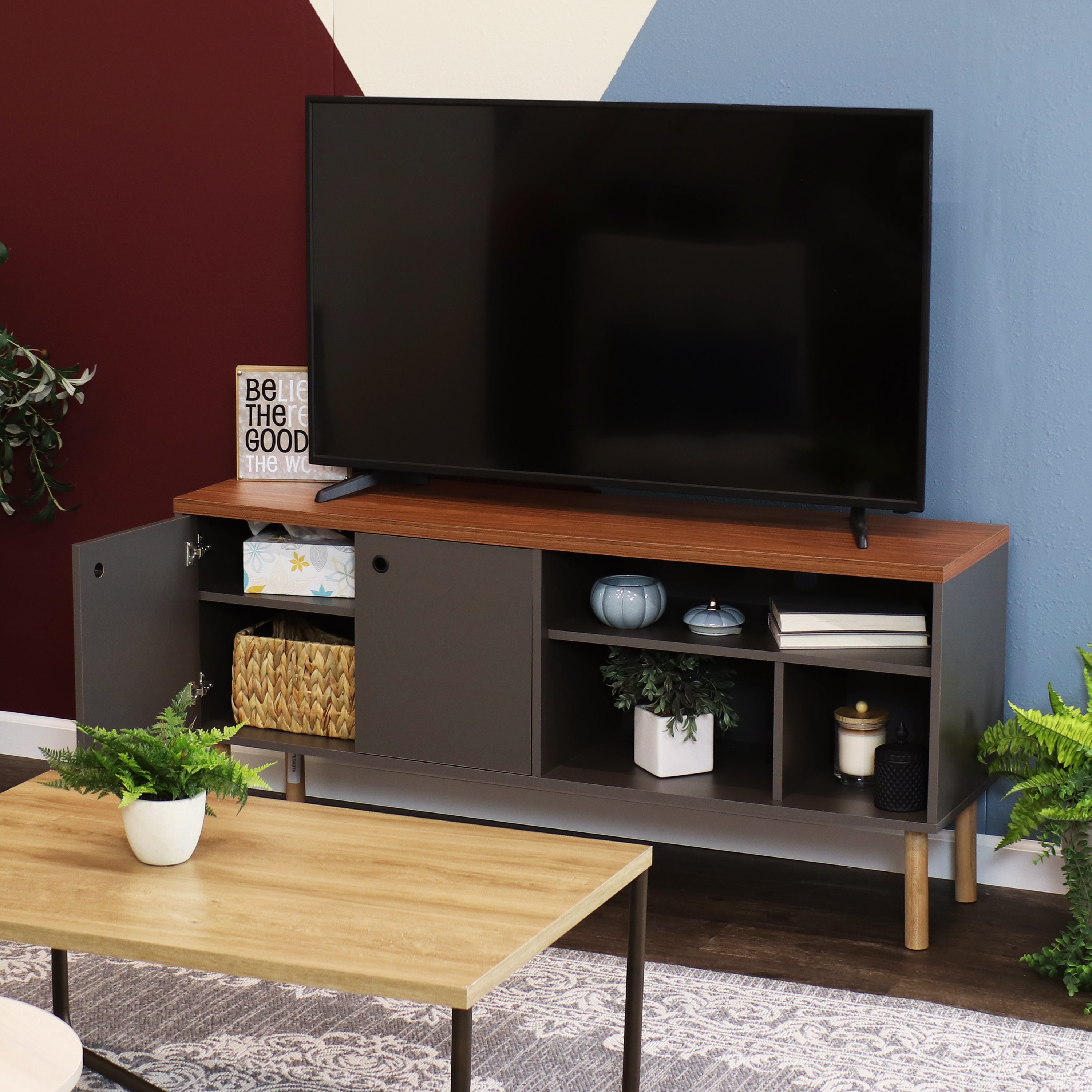 Mid Century Modern TV Stand for 55 Inch TV - Solid Wood Entertainment Center with Storage - Perfect for Living Room, Bedroom & Home Theater Setup