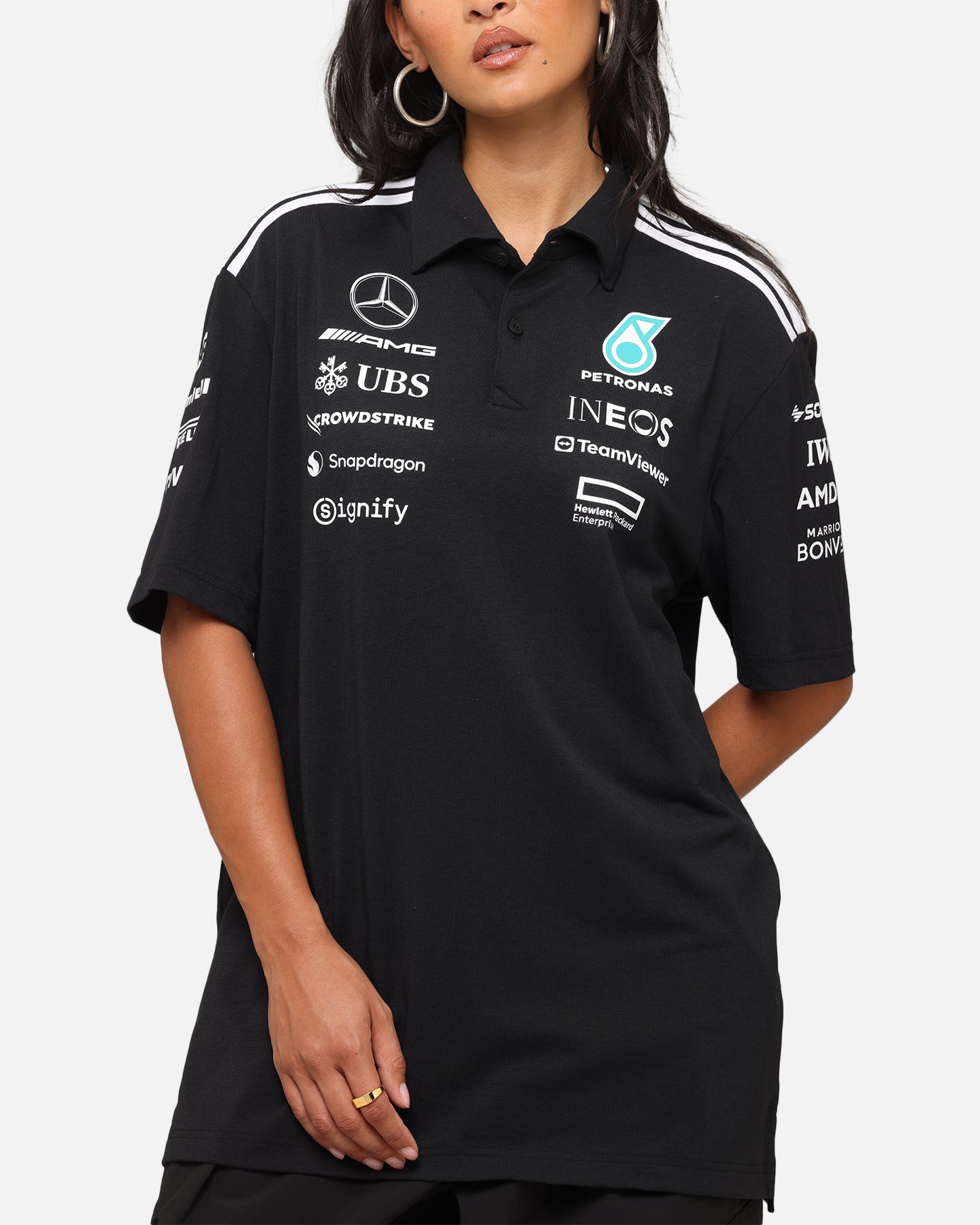Adidas x Mercedes AMG Petronas F1 2025 Team Polo Shirt - Black & White - Men's Performance Golf & Racing Polo for Motorsport Fans