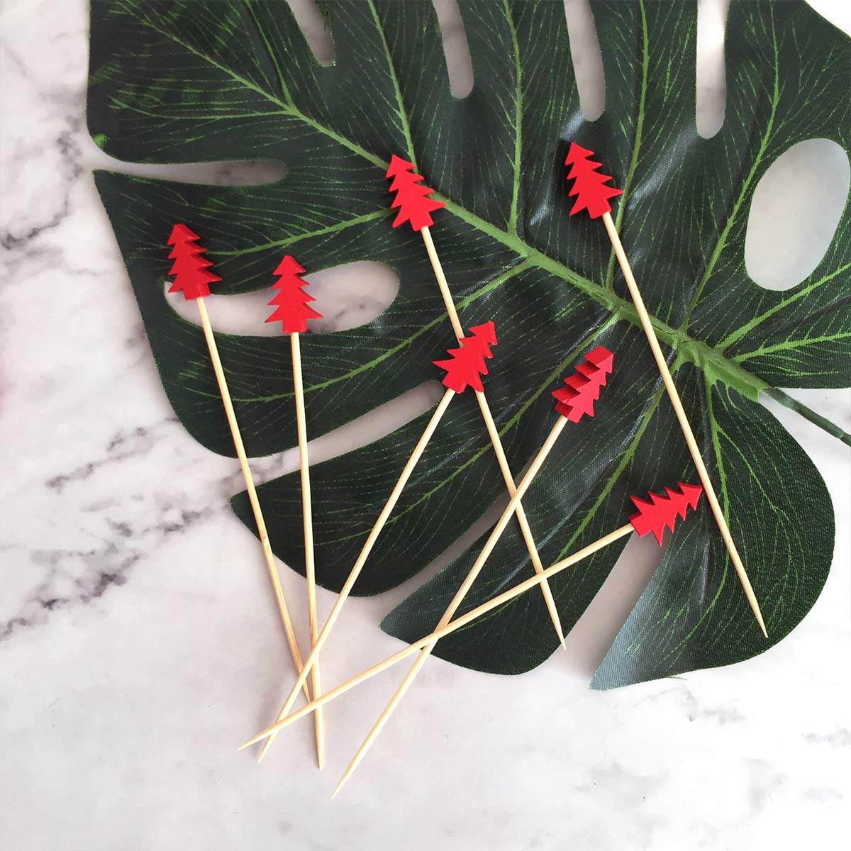 DOITOOL 100pcs Bamboo Cocktail Picks - Christmas Tree Shaped Bar Accessories, Reusable Fruit Skewers & Toothpicks for Holiday Parties, Cocktail Garnish & Appetizer Serving
