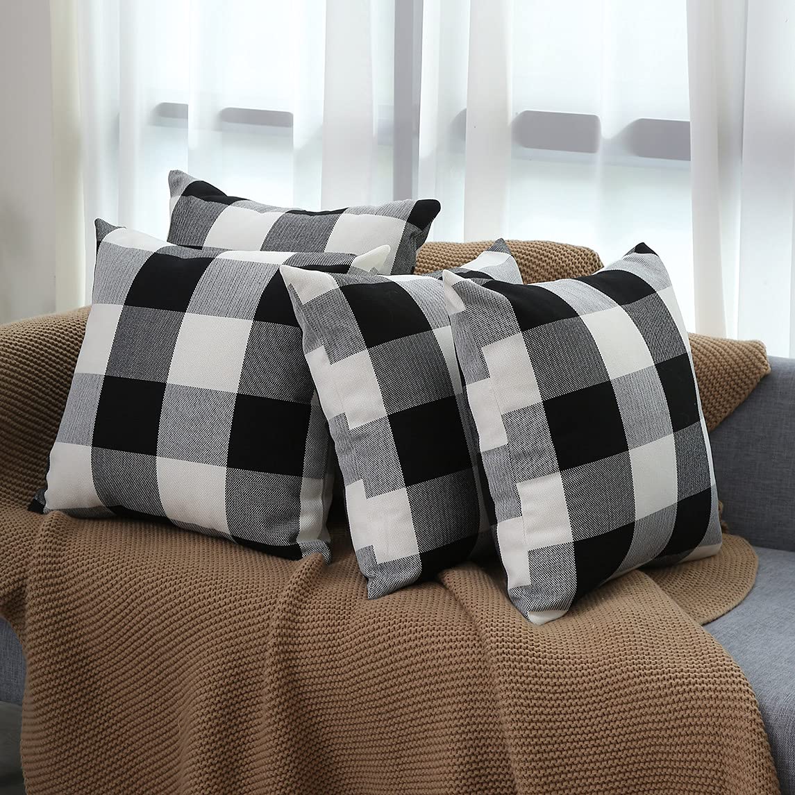 2 Pack Farmhouse Christmas Pillow Covers 20x20 Inch - Black & White Buffalo Check Plaid Fall Throw Pillow Covers - Linen Cushion Covers for Sofa, Couch, Outdoor & Camping - Cozy Holiday Home Decor & Seasonal Living Room Accents
