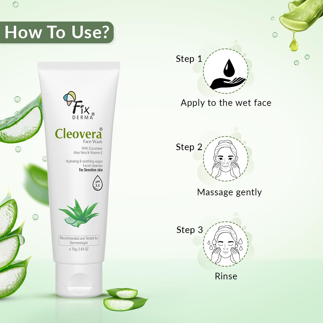 Fixderma Cleovera Aloe Vera Face Wash with Vitamin E - Gentle Cleanser for Dry & All Skin Types - Men & Women - 75g | Daily Skincare Routine, Acne Treatment & Hydrating Face Wash for Healthy Glow