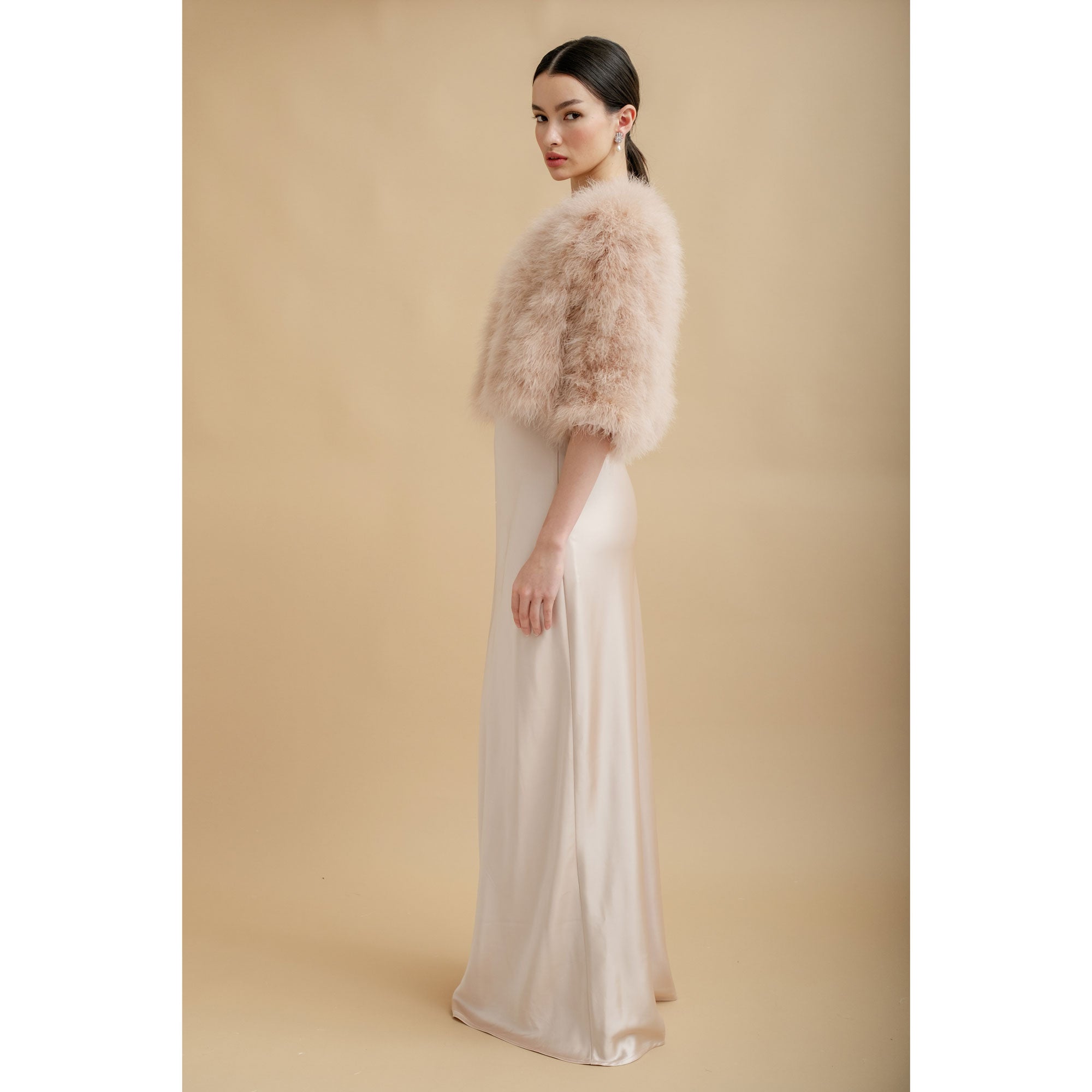 Elegant Champagne Blush Cropped Feather Bridal Jacket for Wedding, Bridal Shower & Special Occasions
