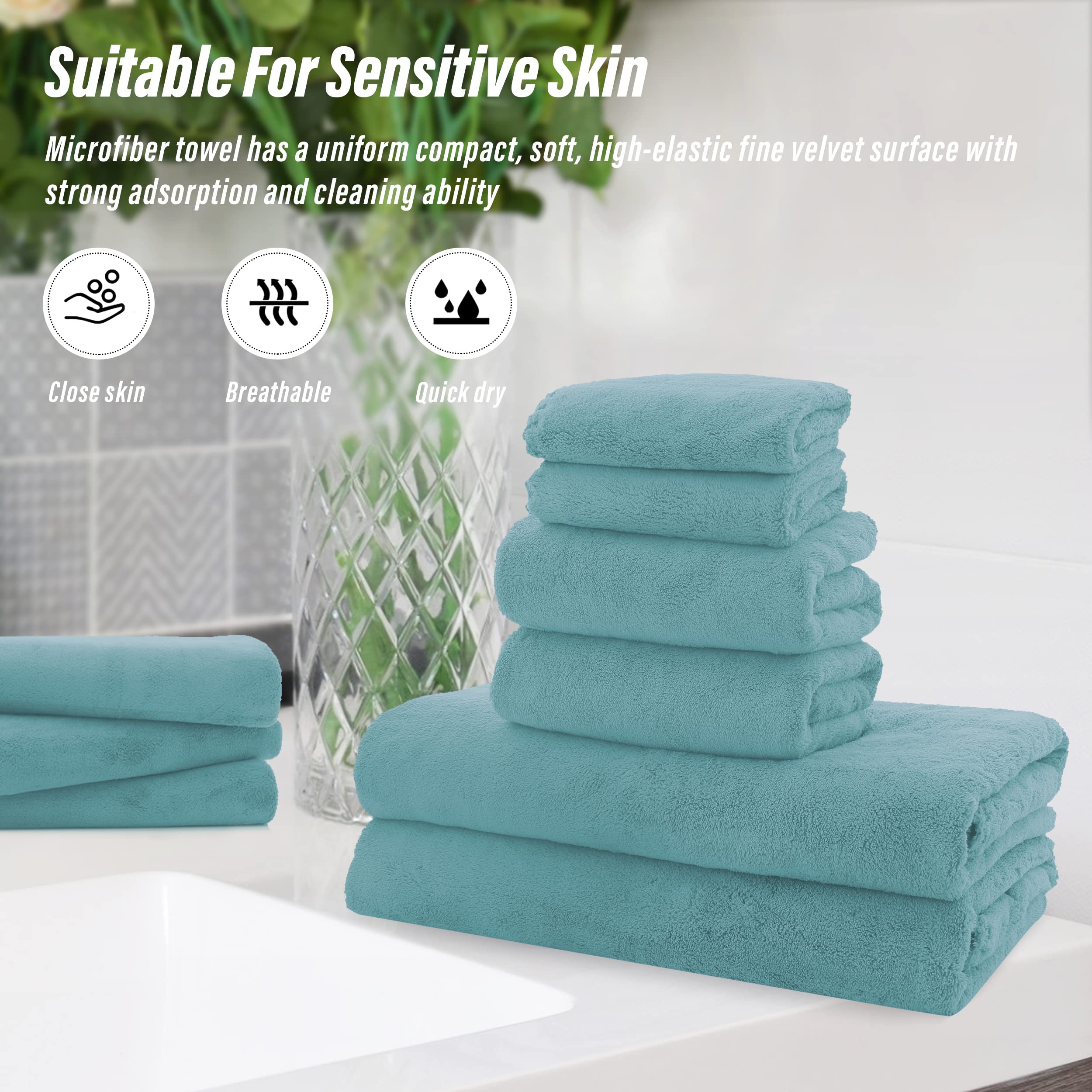 MOONQUEEN Ultra Soft Quick-Drying Microfiber Coral Velvet Towel Set - 6 Piece Bath & Hand Towels with Washcloths | Highly Absorbent for Gym, Yoga, Travel & Spa | Teal Luxury Bathroom Collection
