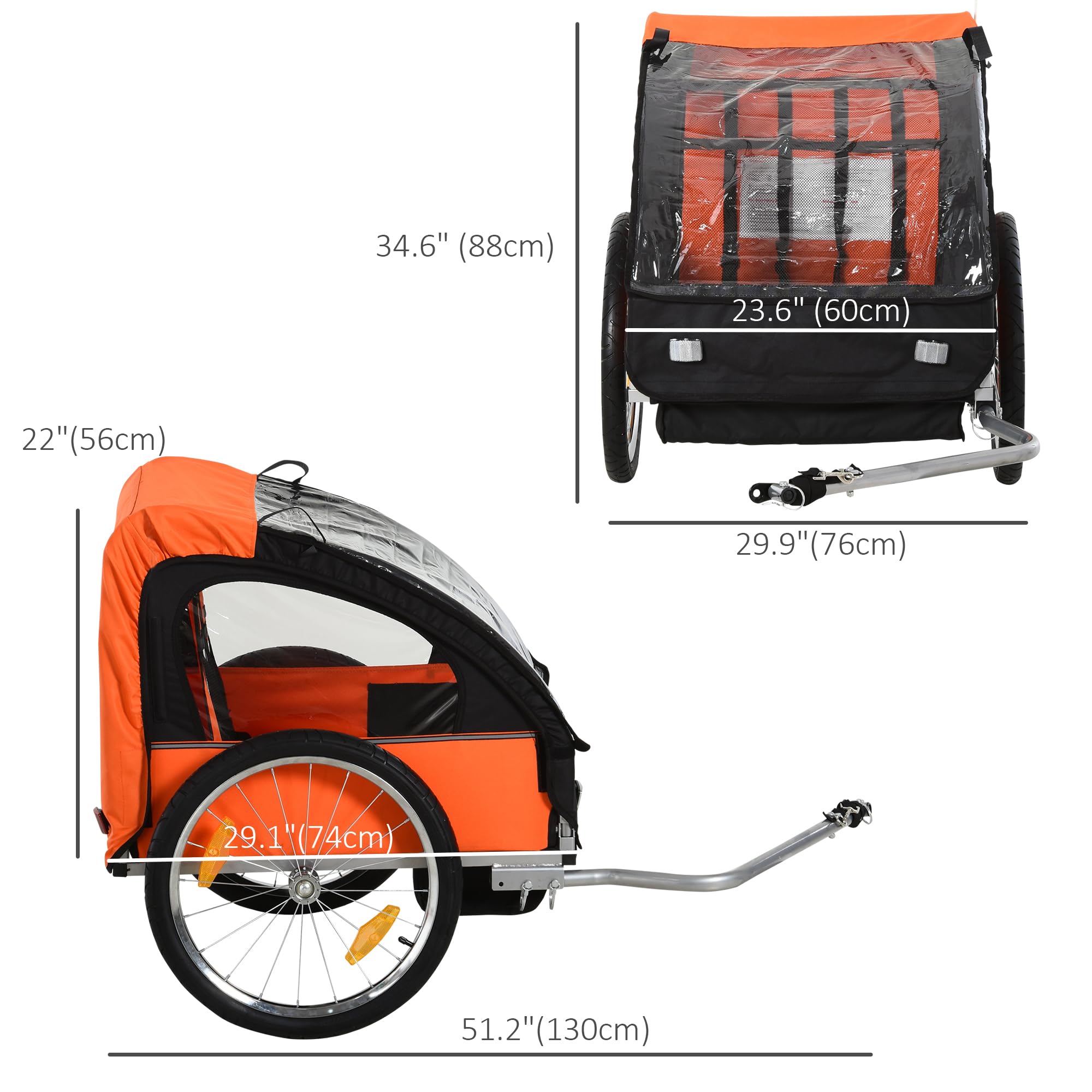 Aosom Heavy Duty Double Bike Trailer for Kids & Toddlers - Steel Frame Bicycle Cargo Carrier with 5-Point Safety Harness, Weatherproof Cover, Reflective Stripes & Safety Flag - Perfect for Family Cycling, Grocery Trips & Outdoor Adventures