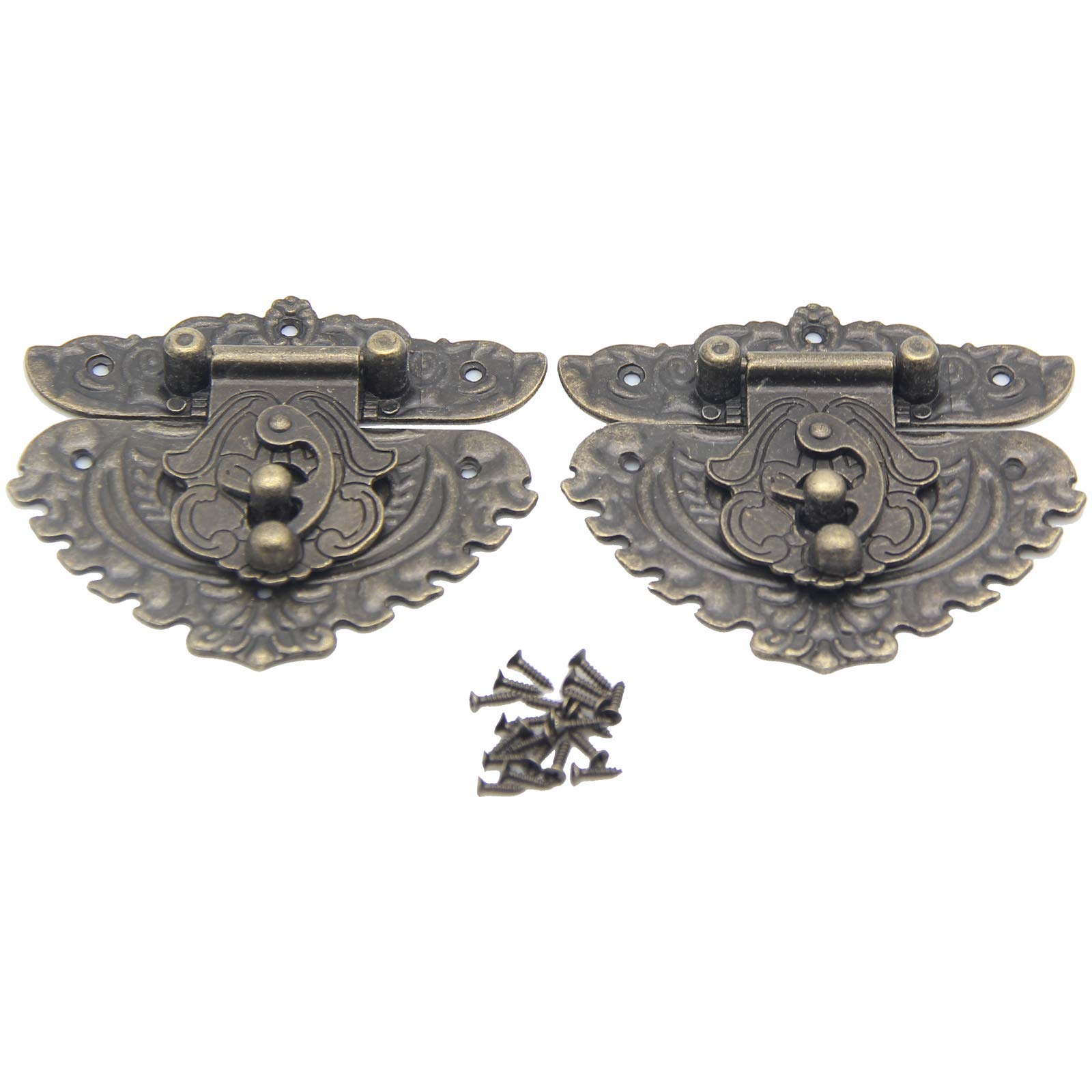 2Pcs Antique Brass Latch Hasp Lock with Screws - Decorative Drawer & Jewelry Box Lock - 86x76mm - Perfect for Wooden Cabinets, Chests, and Vintage Storage Cases
