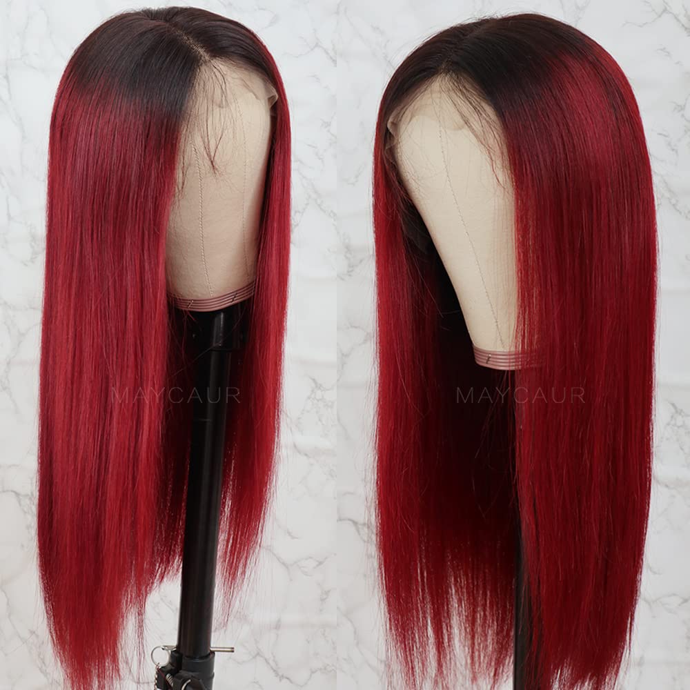 Maycaur Red Ombre Human Hair Lace Front Wig - Silky Straight #1B/Red Full Lace Wig with Baby Hair 130% Density (18 Inch) for Daily Wear, Cosplay & Special Occasions