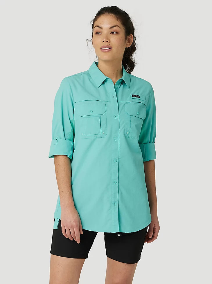 ATG By Wrangler™ Women's Long Sleeve Angler Fishing Shirt - UPF 50+ Sun Protection, Quick-Dry & Breathable - Turquoise Blue for Outdoor Activities, Hiking & Camping