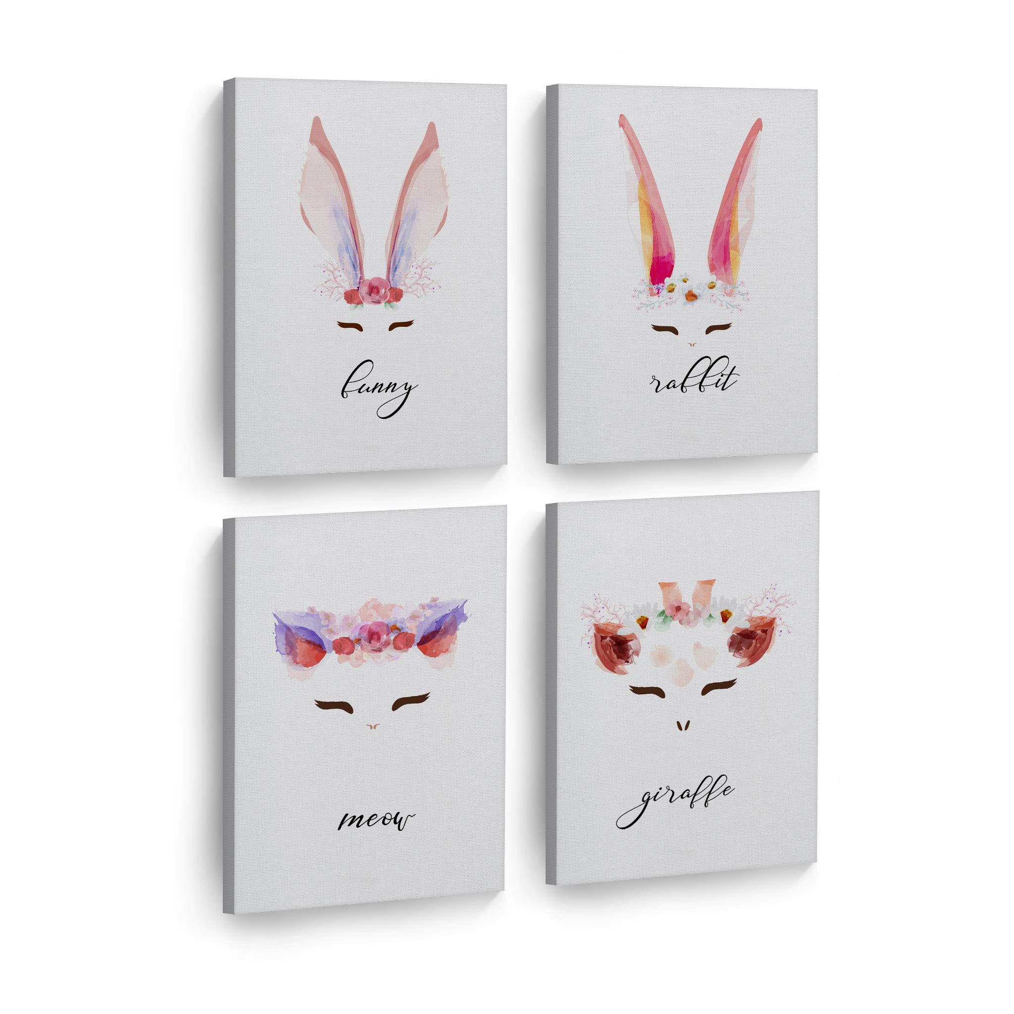 Smile Art Design Cute Animal Wall Art - 4 Panel Canvas Print Set with Cat, Bunny, Rabbit & Giraffe - Kids Room Decor, Nursery Wall Art, Baby Room Decor - Ready to Hang (17x11 Inches x4) - Made in USA - Perfect for Children's Bedrooms, Playrooms & Daycare Centers