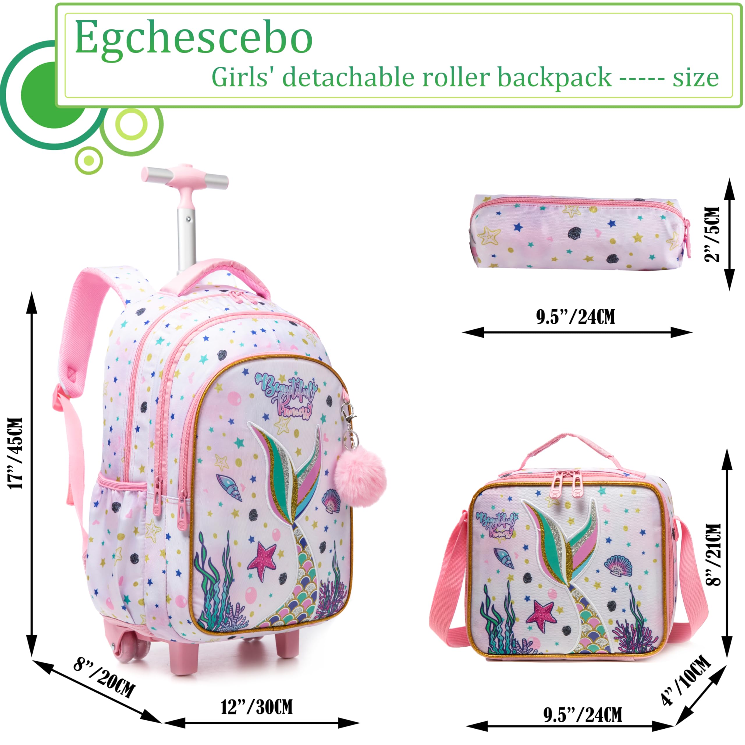 Egchescebo Mermaid Rolling Backpack for Girls - Pink Wheeled School Backpack with Lunch Box & Pencil Case, Multiple Compartment Travel Luggage for Elementary Students - Perfect for School, Travel, and Daily Use
