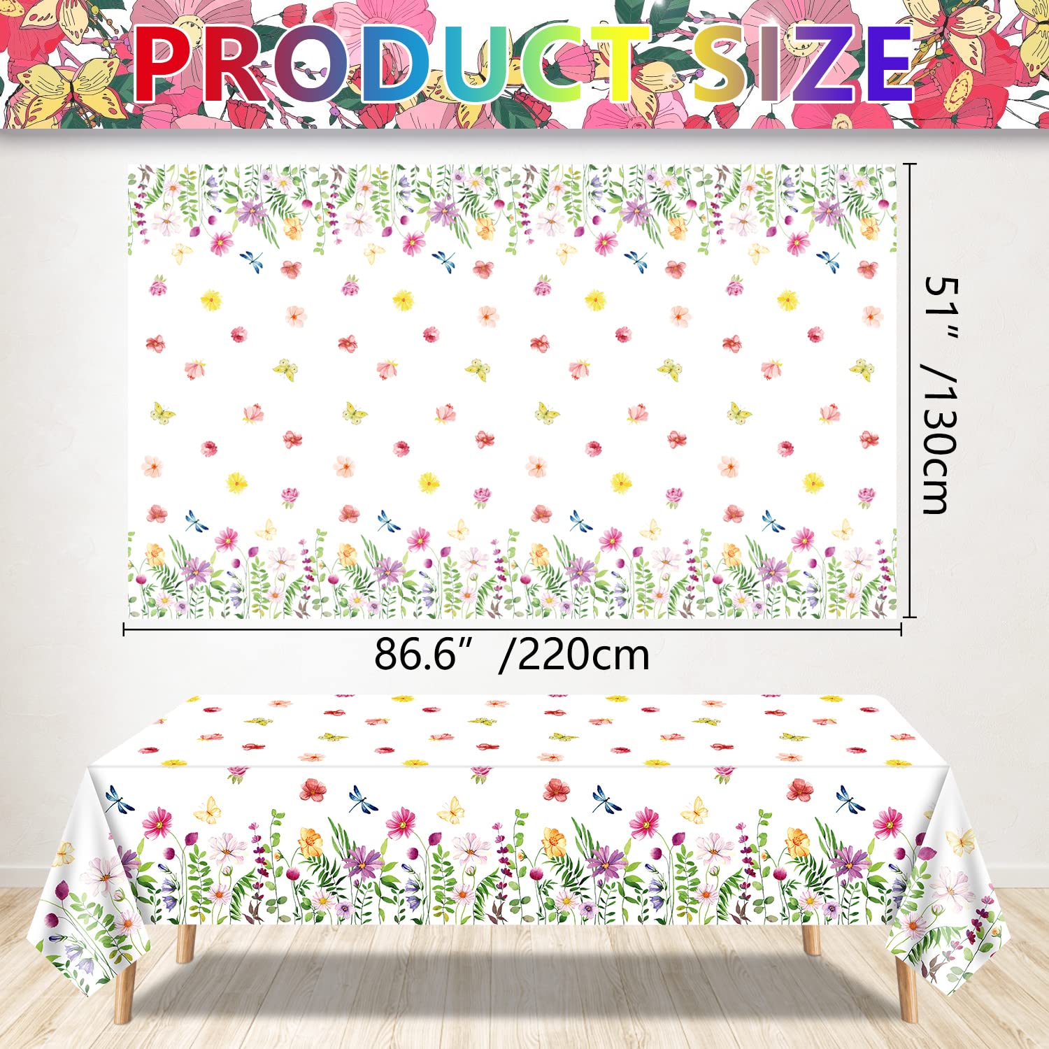 4 Pack Spring Floral Tablecloth - 51 x 86 Inch Wild Flower Disposable Plastic Table Cover for Wedding, Baby Shower, Birthday Party Decorations - Perfect for Outdoor Picnics, Garden Parties & Spring Celebrations
