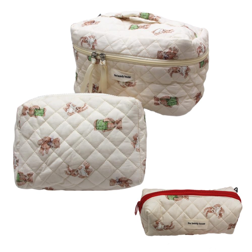 3 Pack Kawaii Cute Bear Makeup Bags - Quilted Cotton Cosmetic Organizer & Travel Toiletry Pouch for Women & Teen Girls (Bear Rabbit) - Perfect for Travel, Gym, School & Daily Beauty Storage