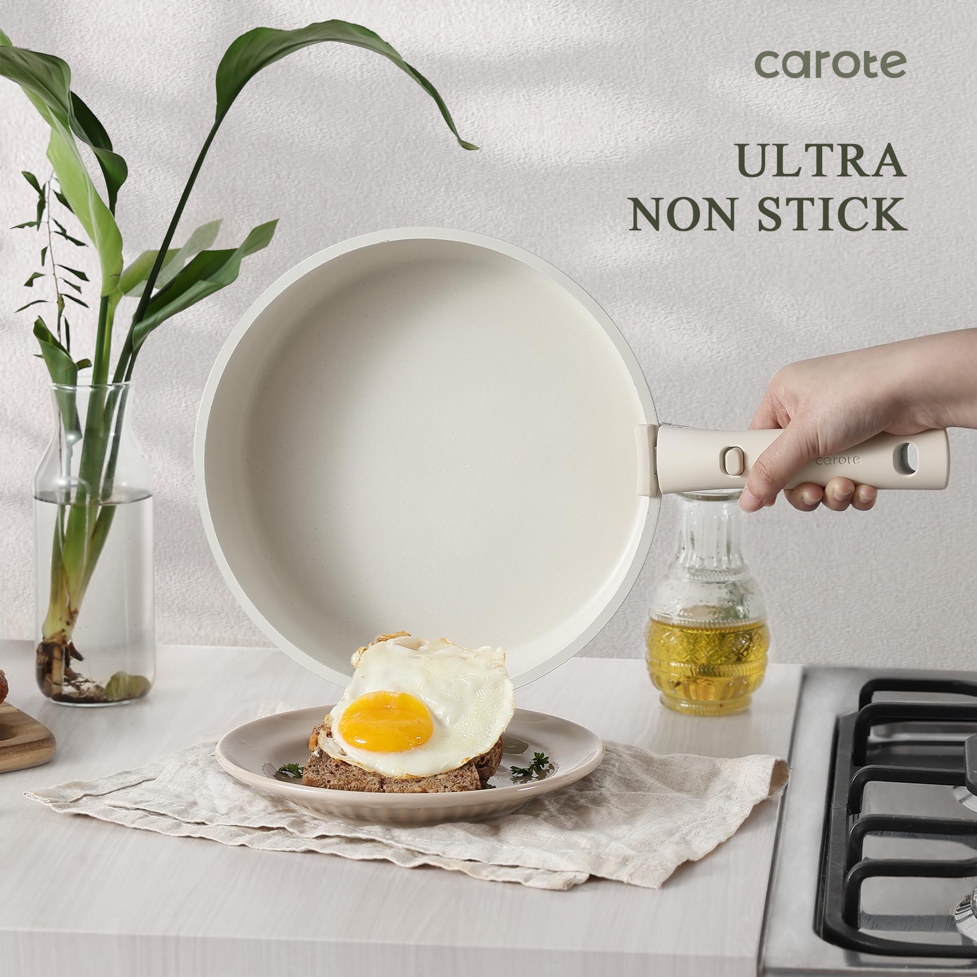 CAROTE 23-Piece Nonstick Cookware Set - Induction Compatible Pots and Pans with Detachable Handle, Oven/Dishwasher Safe, Space Saving Kitchen Set for RV, Apartment & Small Spaces - Cream Color