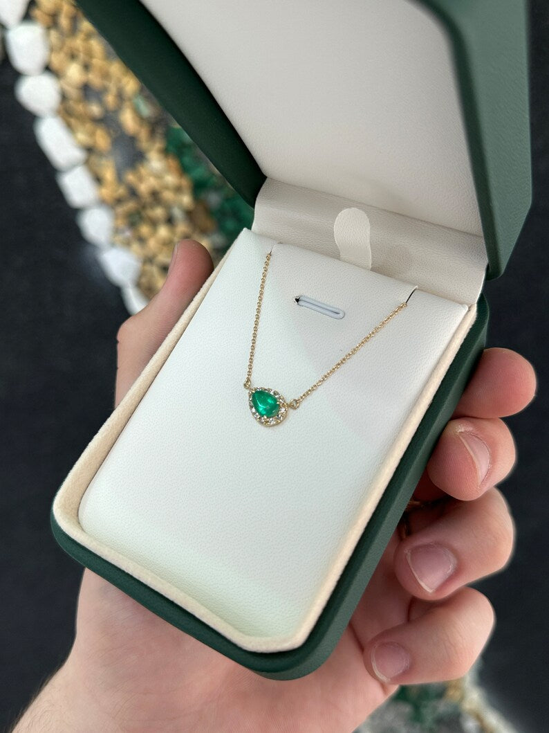 14K Gold Medium Dark Green Pear Emerald & Diamond Halo Stacking Necklace - 1.10tcw, Elegant Layered Jewelry for Wedding, Party & Everyday Wear