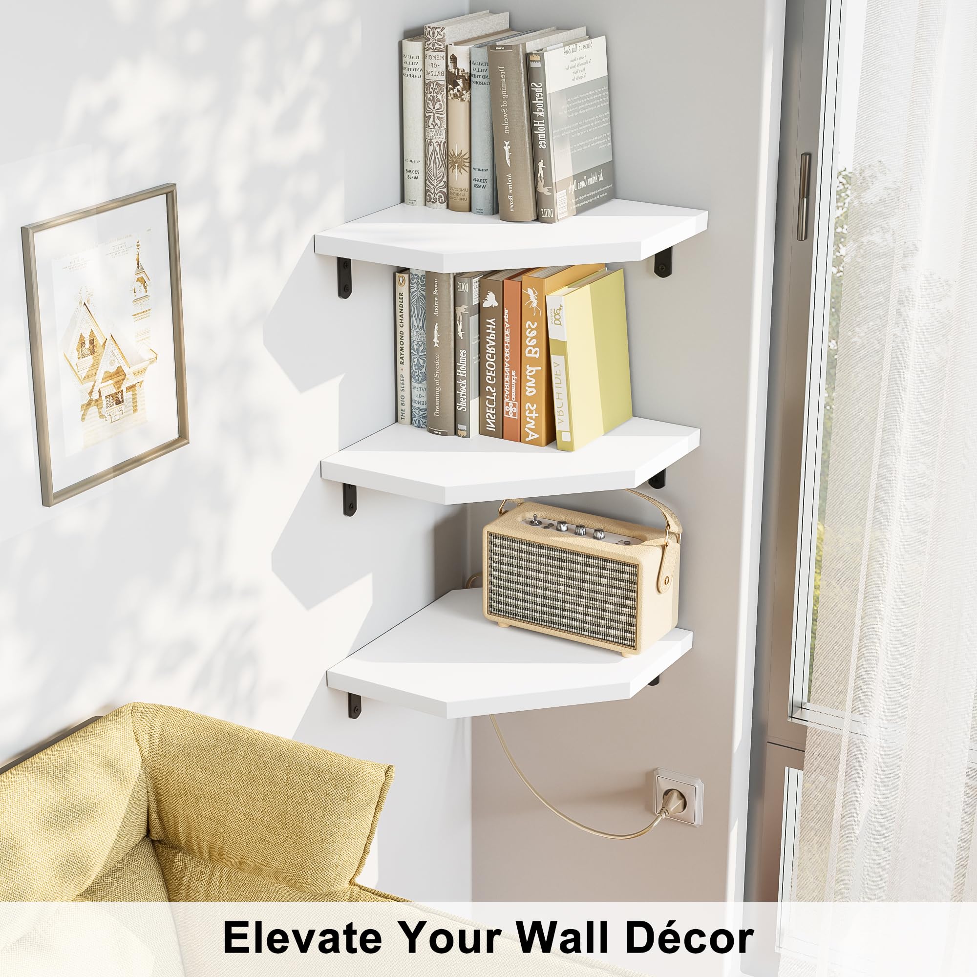 Alsonerbay 3-Piece Corner Wall Shelf Set - Solid Wood Floating Shelves with Cable Hole for TV Accessories, Speakers & Game Consoles - Perfect for Bedroom, Living Room & Bathroom Organization (White)