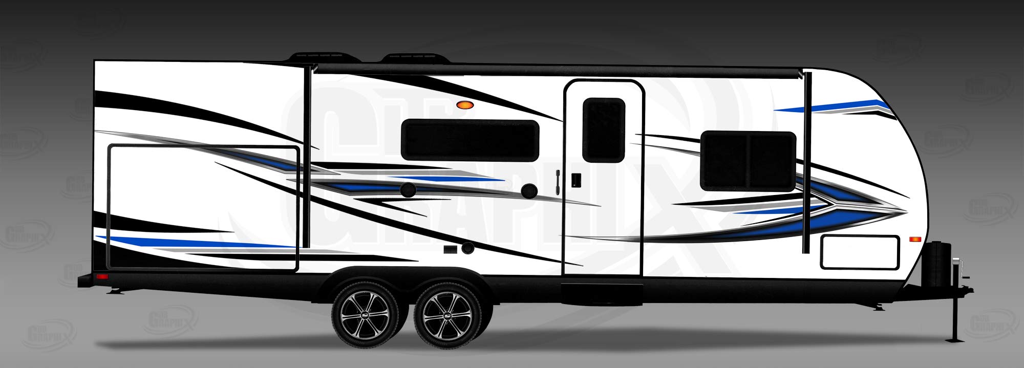 RV, Trailer, Toy Hauler, Camper, Motorhome Large Decal Graphics Kit - K-0010BL in Black, Silver, White, Charcoal Grey & Blue | Custom Vinyl Stickers for Vehicle Exterior Decoration & Personalization