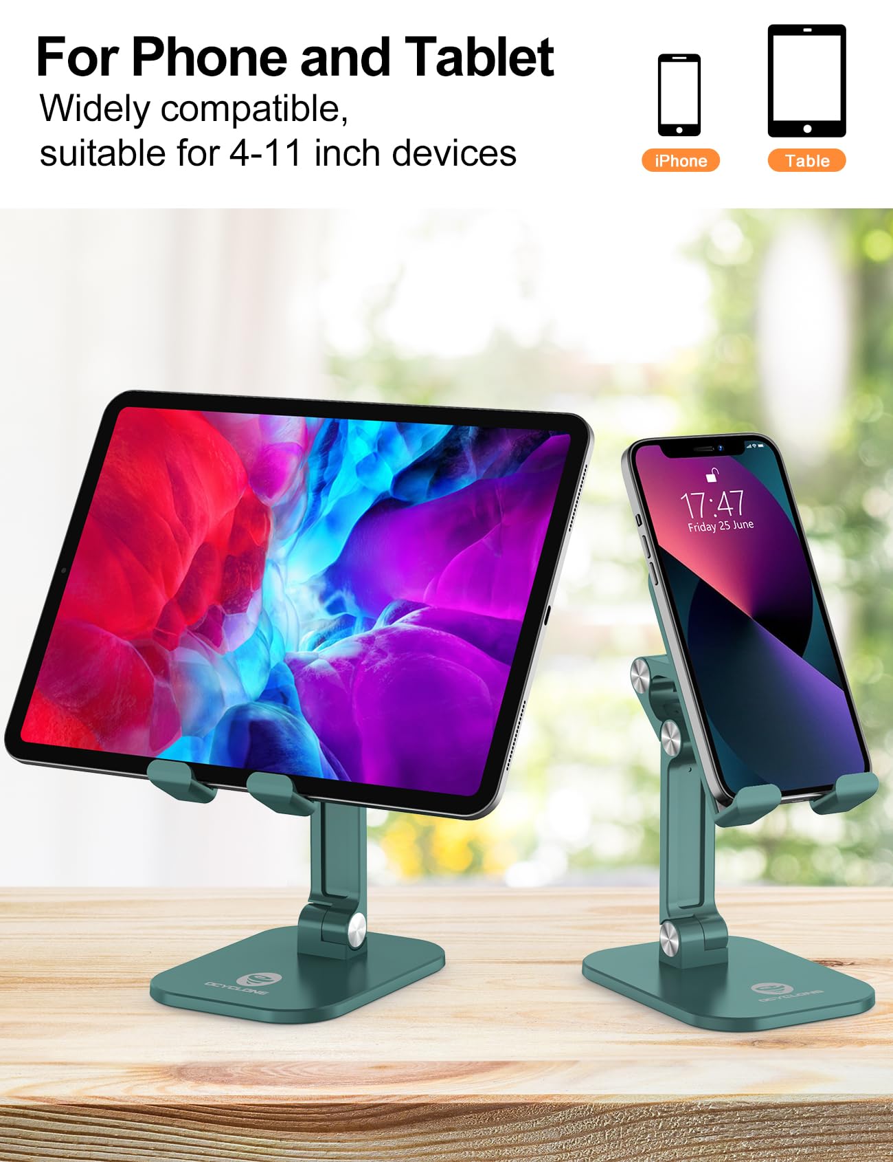 OCYCLONE Adjustable Phone Stand for Desk - Foldable, Height & Angle Adjustable Cell Phone Holder Compatible with iPhone, iPad, Tablets 4-11 Inches (Green) - Perfect for Work, Study, Video Calls & Hands-Free Viewing