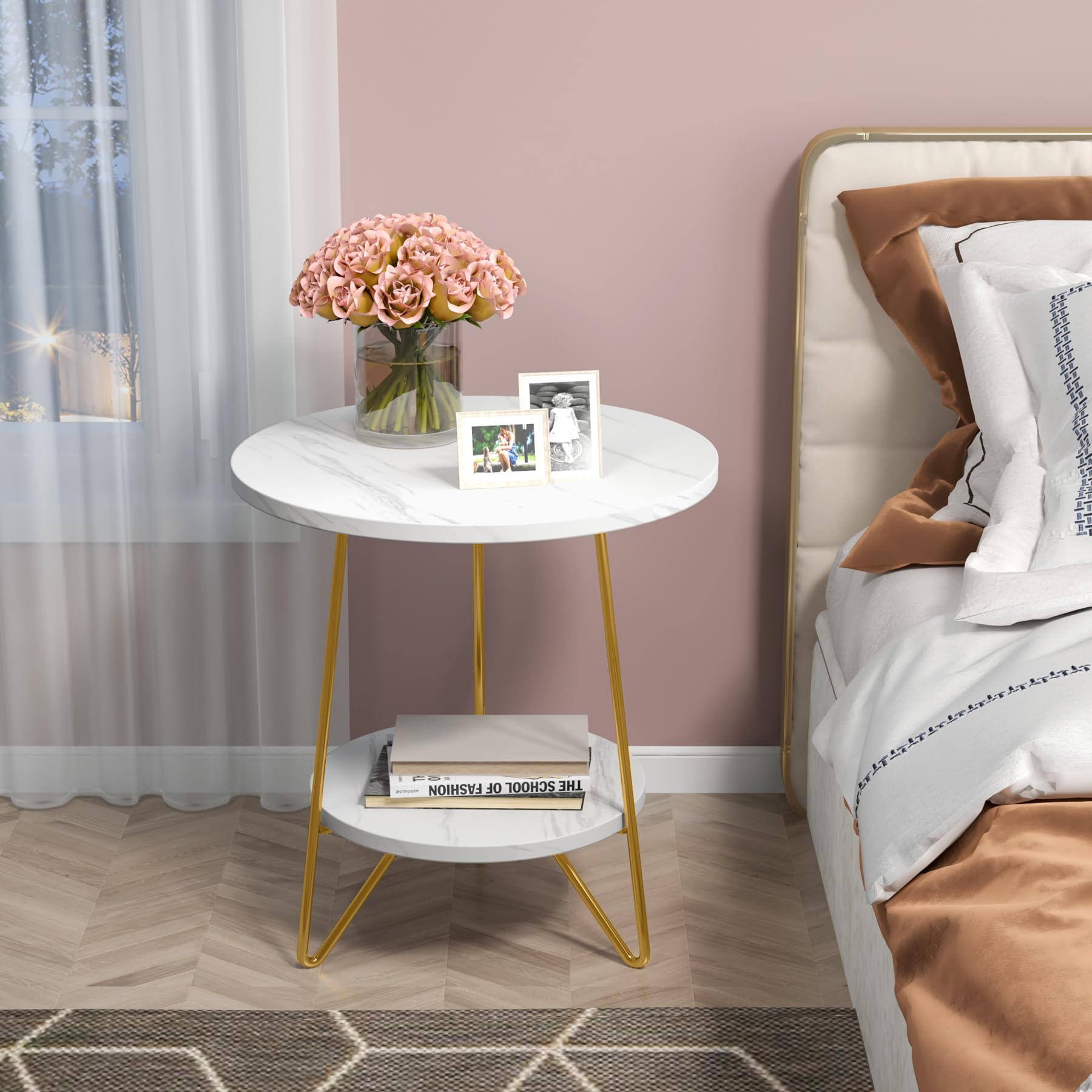 Tribesigns Faux Marble End Table - 2-Tier Round Side Table with Shelves, Modern Gold Nightstand Bedside Table, Small Coffee Accent Table for Living Room & Bedroom - White and Gold Finish - Perfect for Small Spaces, Apartment Decor & Coffee Table Styling