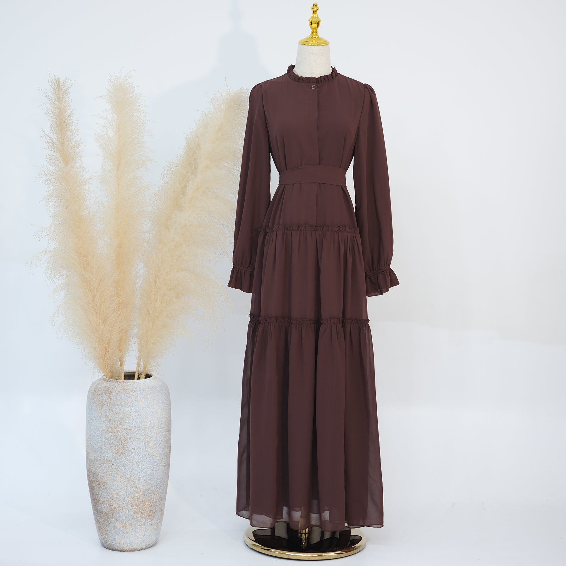 Molly Prairie Chiffon Maxi Dress in Coffee - Elegant Flowy Summer Dress for Women, Perfect for Beach Vacations, Weddings & Boho Parties